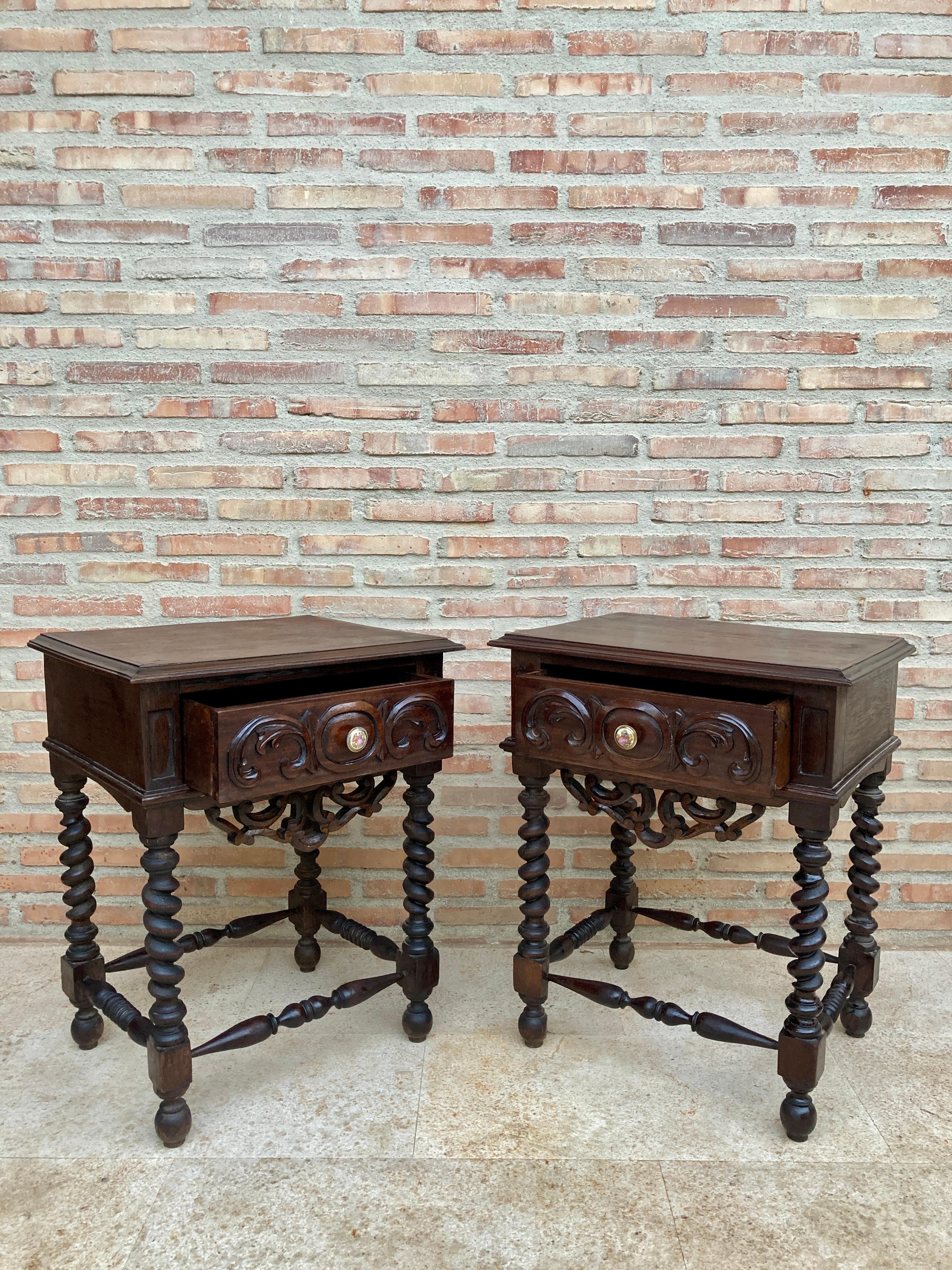 Early 20th Century Spanish Baroque Style Chestnut & Porcelain Nightstands with O 2