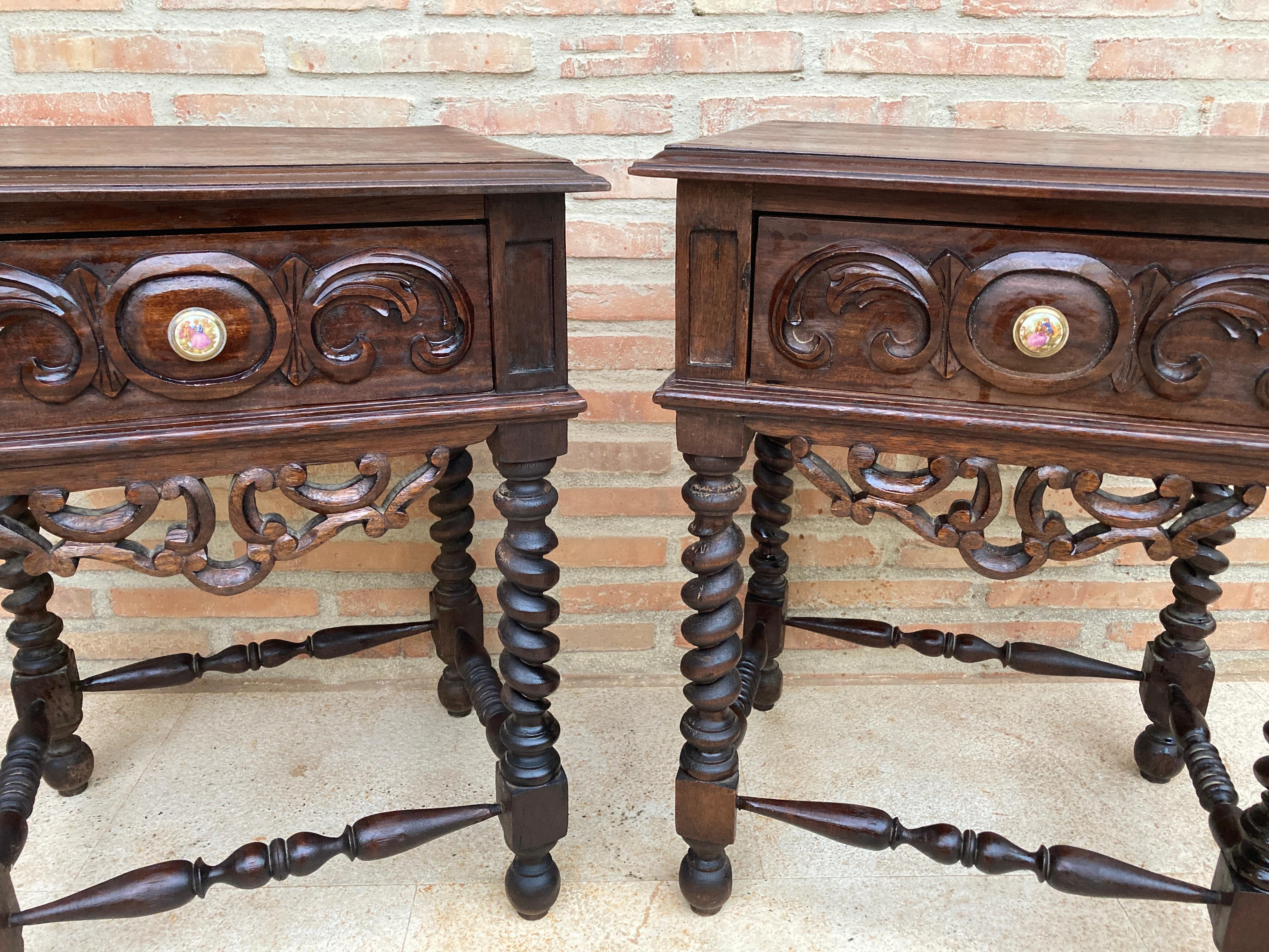 Early 20th Century Spanish Baroque Style Chestnut & Porcelain Nightstands with O 5