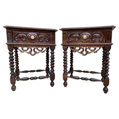 Early 20th Century Spanish Baroque Style Chestnut & Porcelain Nightstands with O