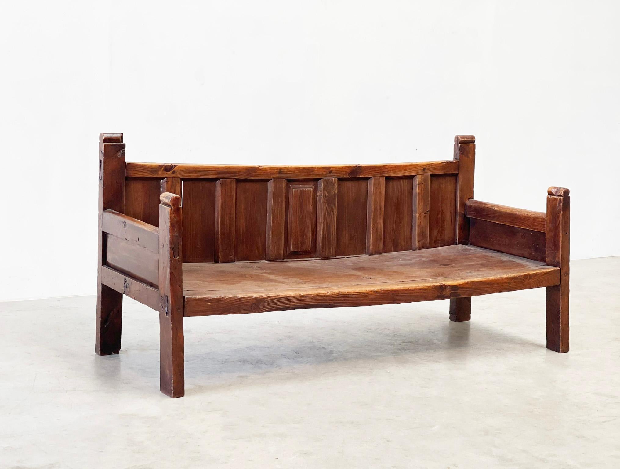 Early 20th century Spanish bench
A style that is becoming more popular and popular. Like this one: rustic early 20th century Spanish furniture. This is a perfect example of that.

This bench was made in Spain in the late 19th century early 20th