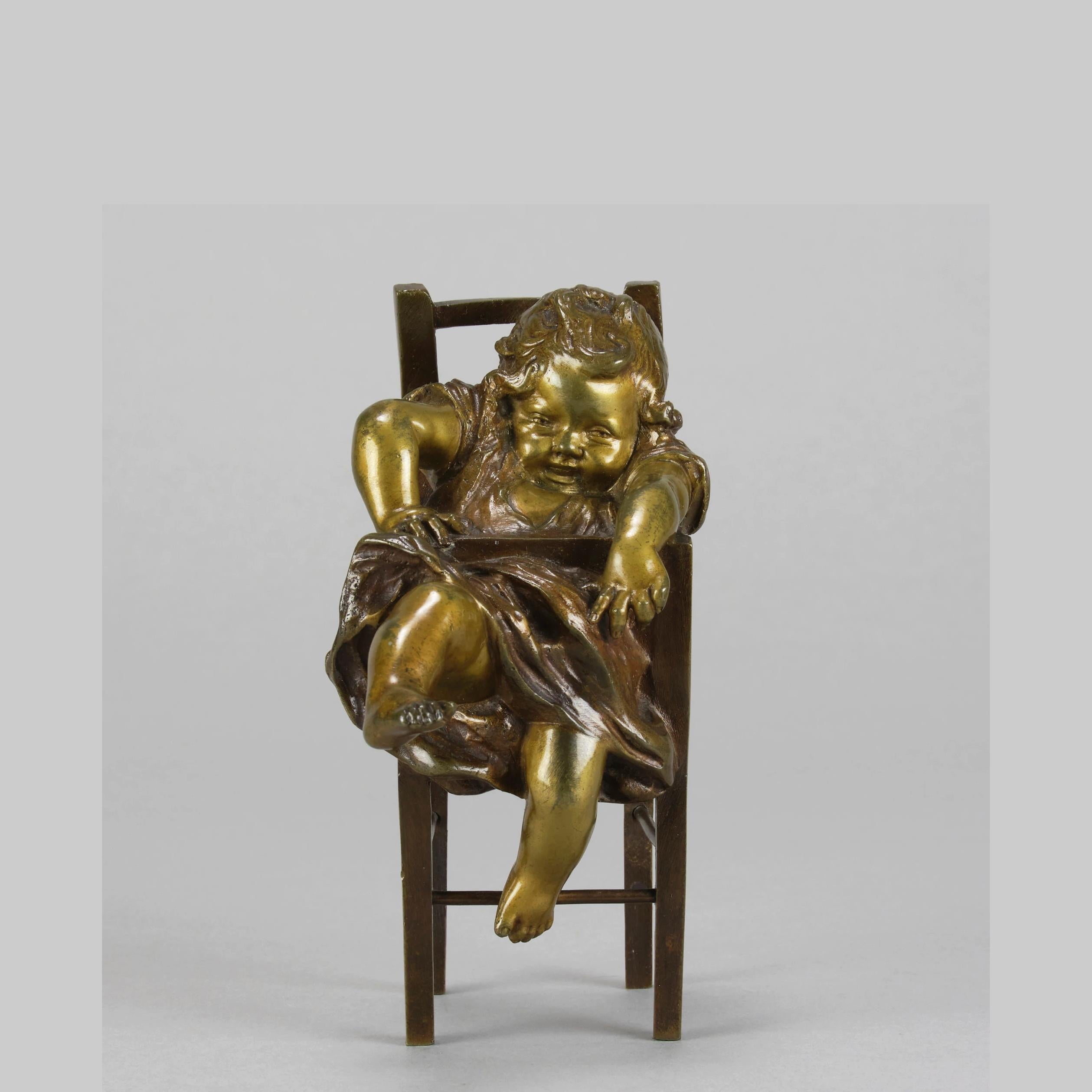 A charming early 20th Century Spanish bronze study depicting a young girl trying to escape from her high chair, exhibiting excellent rich brown and gilt patina and fine detail. Signed Juan Clara & numbered
ADDITIONAL INFORMATION

Height: 15