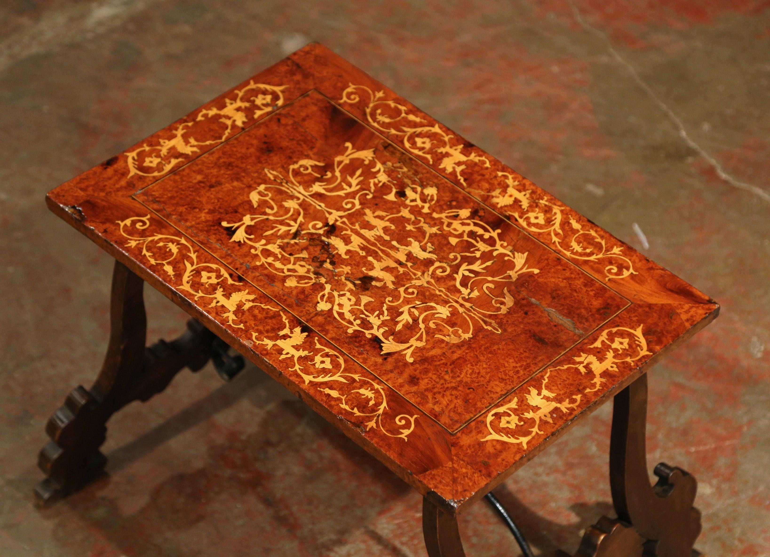 Louis XIII Early 20th Century Spanish Carved Burl Walnut and Marquetry Coffee Table