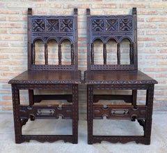 Early 20th Century Spanish Carved Chairs with Wood Seat, 1890s, Set of 2