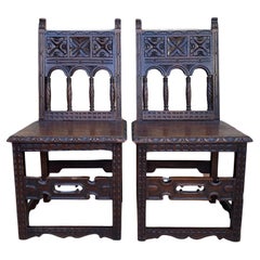 Antique Early 20th Century Spanish Carved Chairs with Wood Seat, 1890s, Set of 2