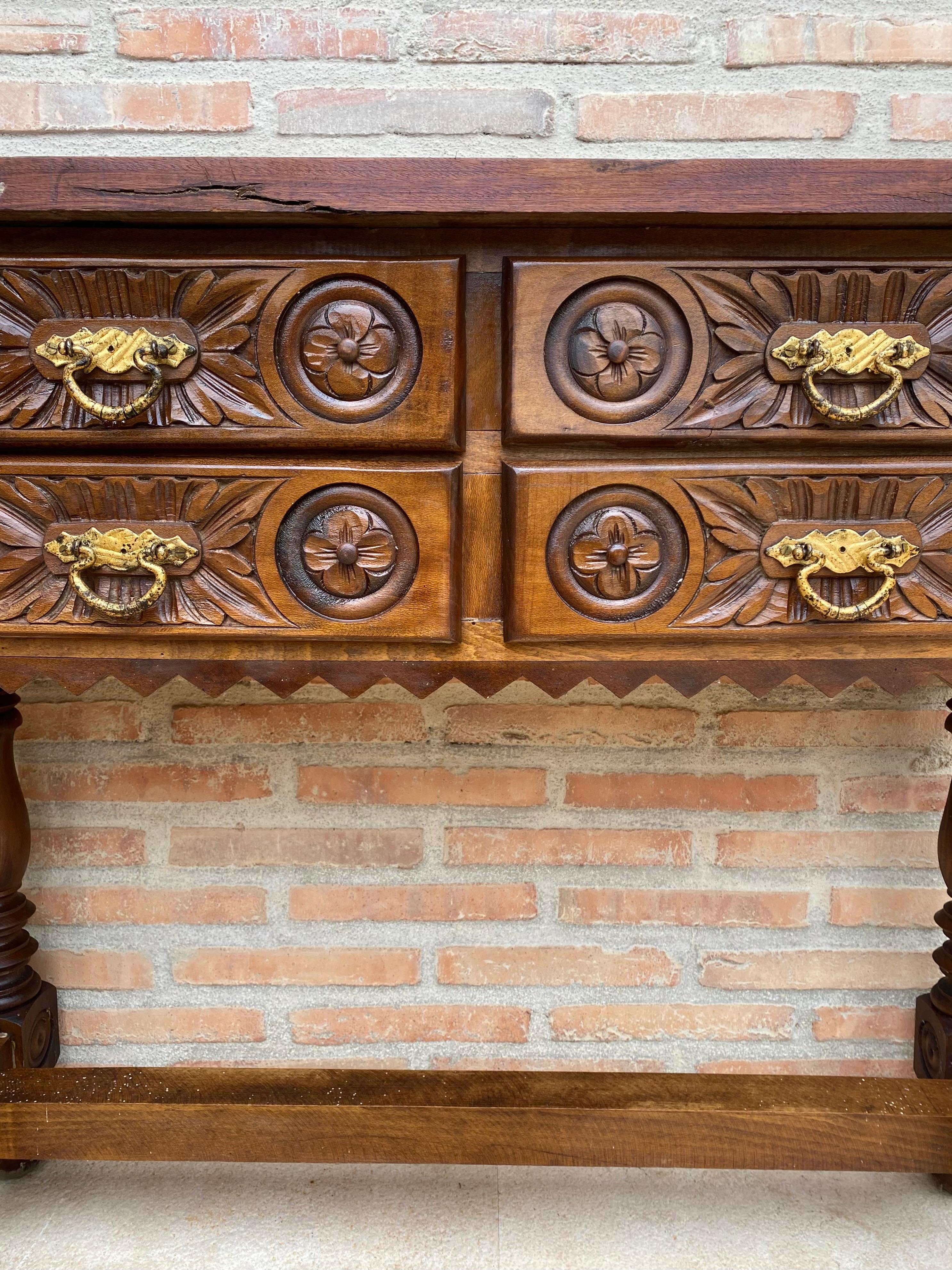 Walnut Early 20th Century Spanish Carved Console Table with Four Drawers, 1930s For Sale