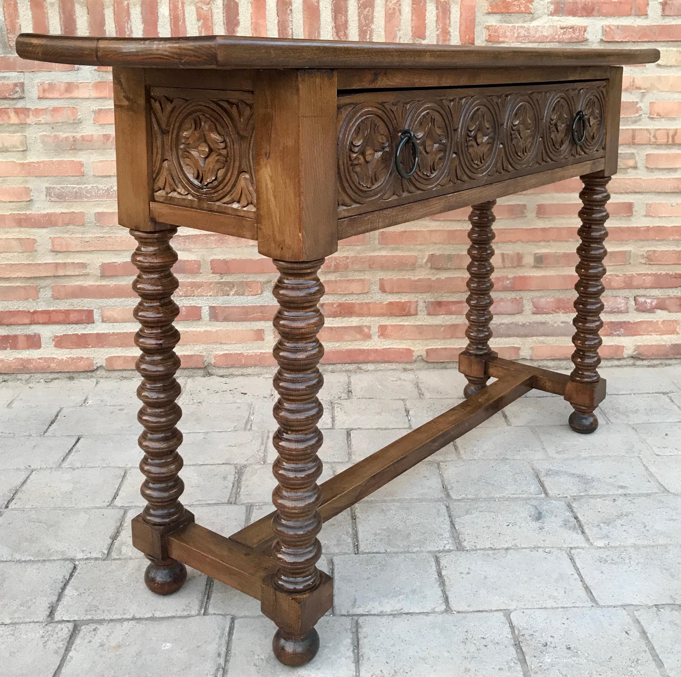 Baroque Early 20th Century Spanish Carved Console Table with Turned Legs
