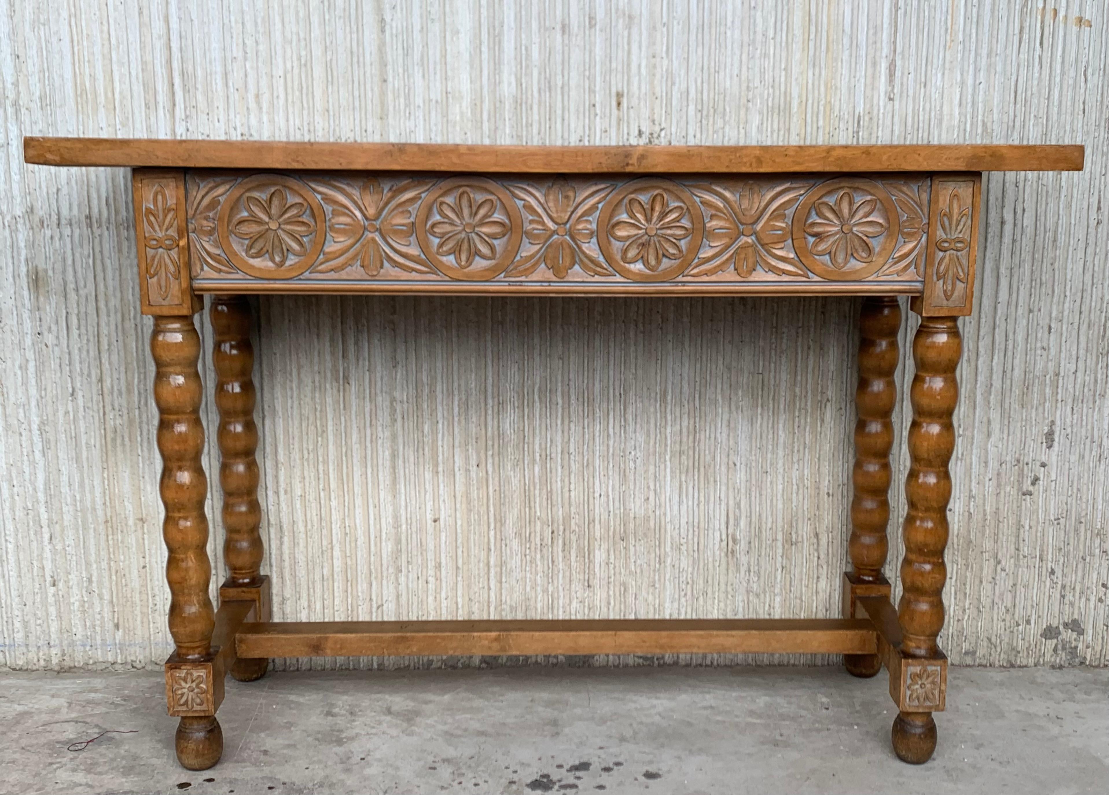 Baroque Early 20th Century Spanish Carved Console Table with Turned Legs