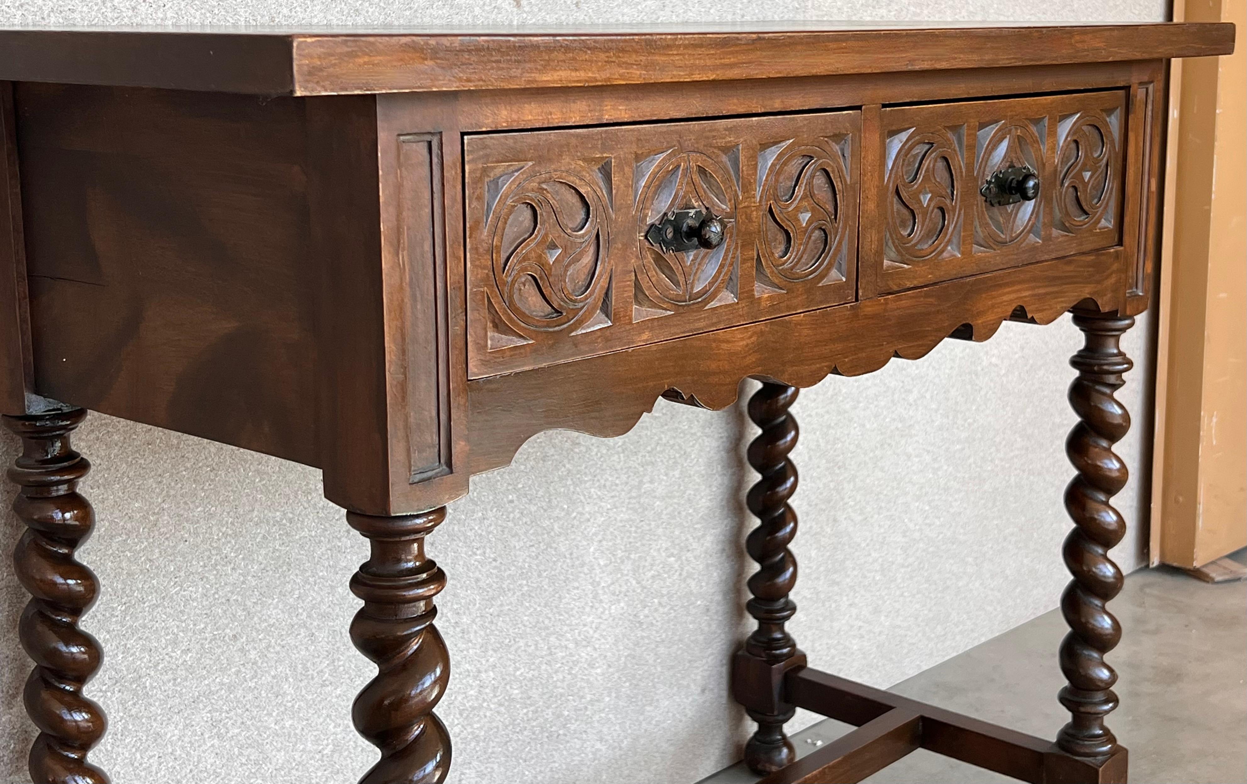 Walnut Early 20th Century Spanish Carved Console Table with Turned Legs