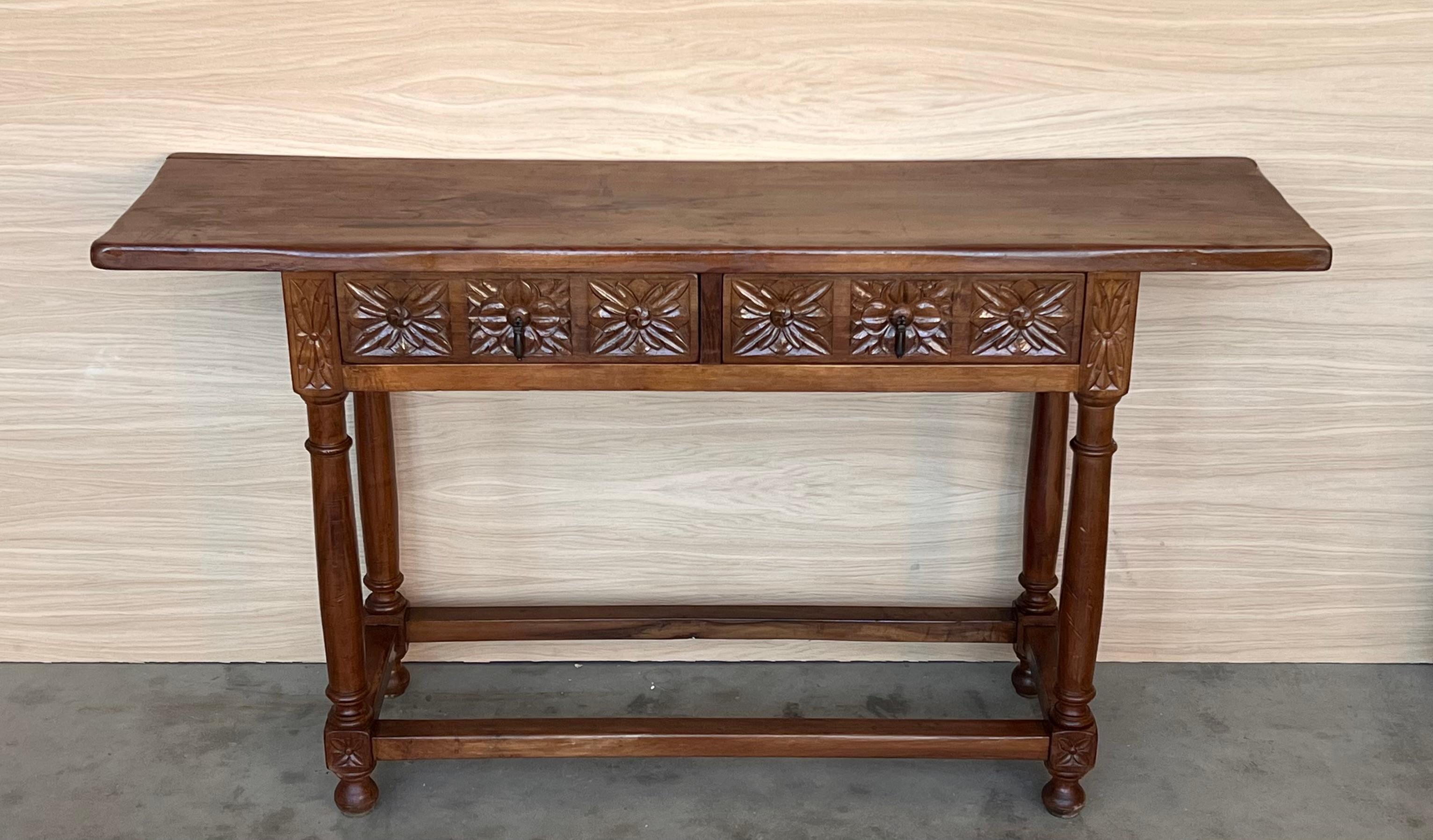 Walnut Early 20th Century Spanish Carved Console Table with Two drawers For Sale