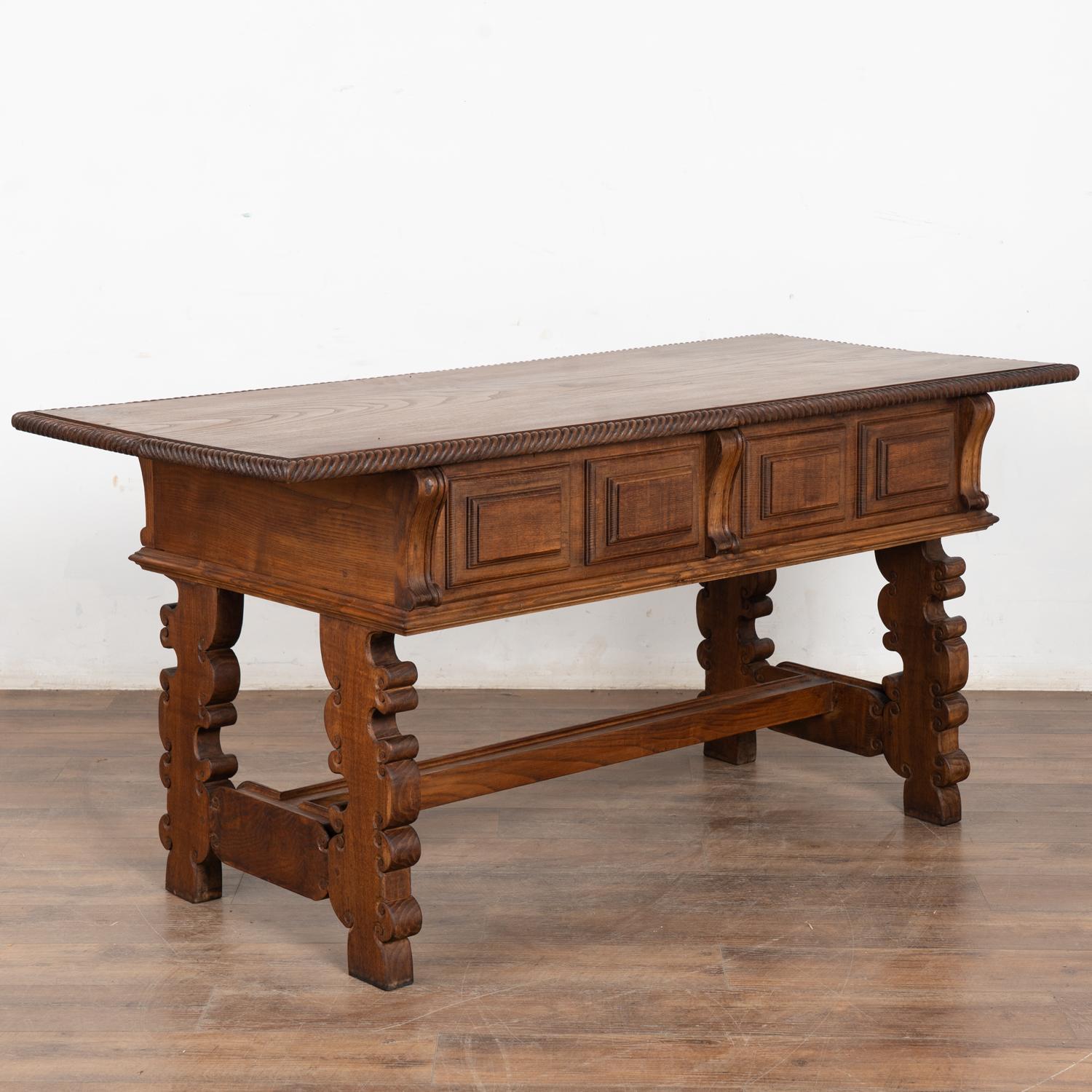 Early 20th Century Spanish Carved Oak Console Table with Two Drawers For Sale 11