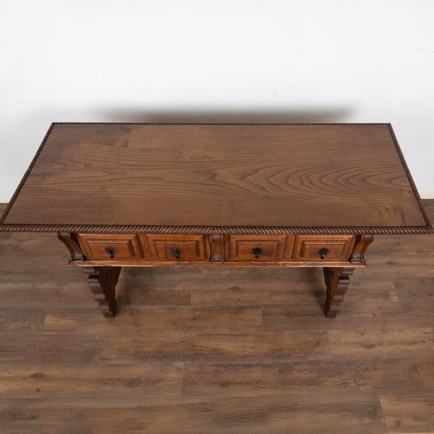 Early 20th Century Spanish Carved Oak Console Table with Two Drawers For Sale 1