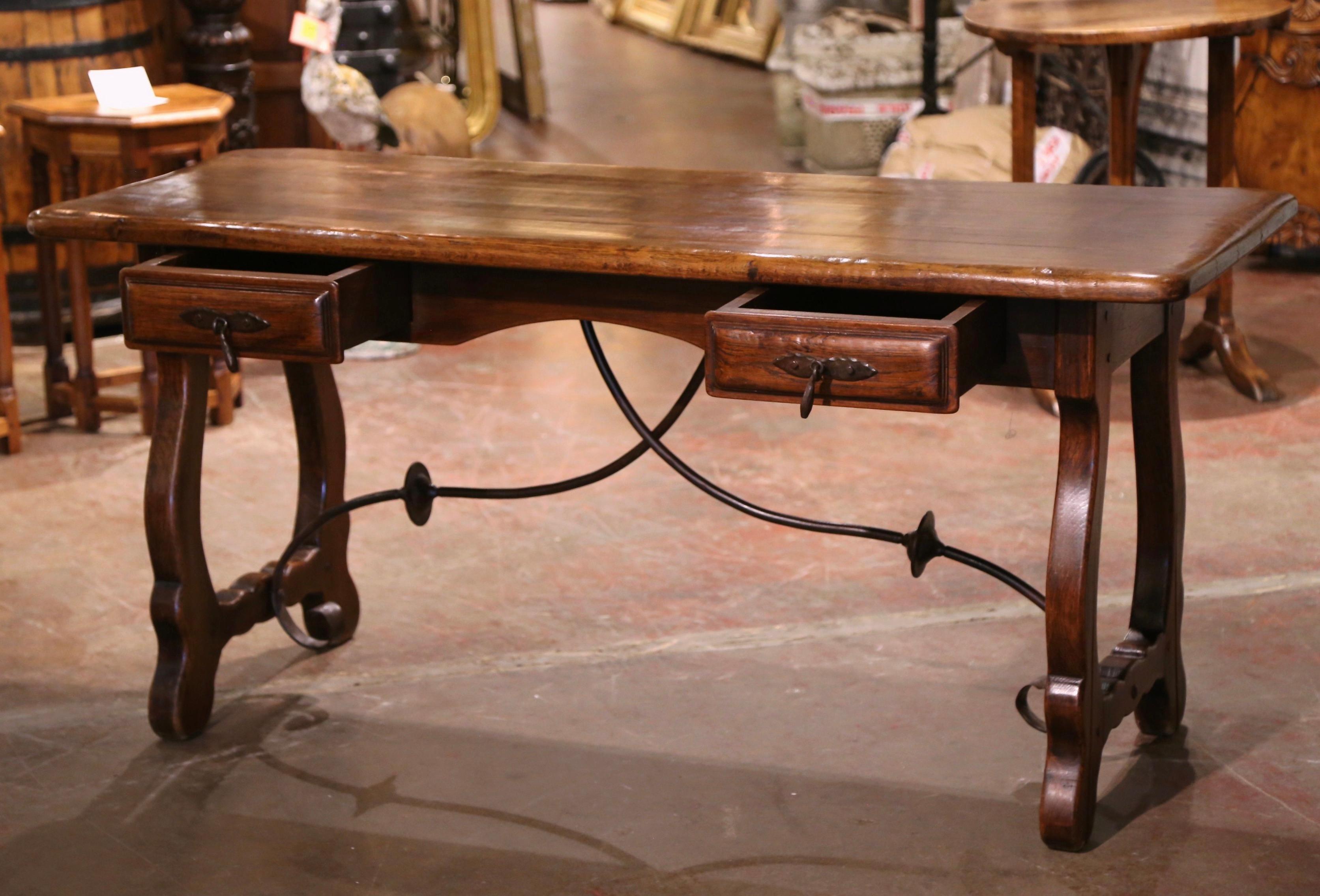 Early 20th Century Spanish Carved Oak Writing Table Desk with Iron Stretcher 6