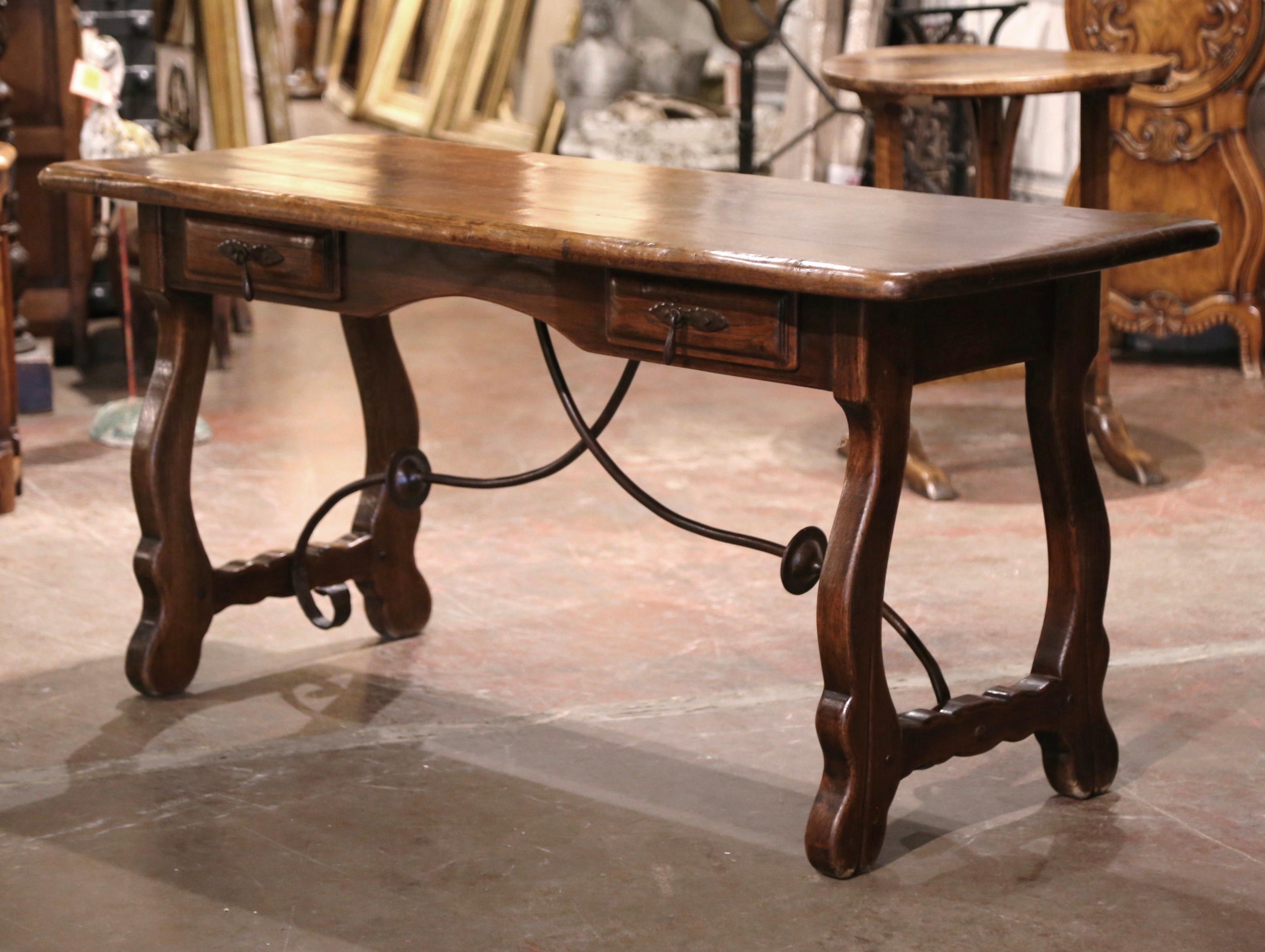 Wrought Iron Early 20th Century Spanish Carved Oak Writing Table Desk with Iron Stretcher