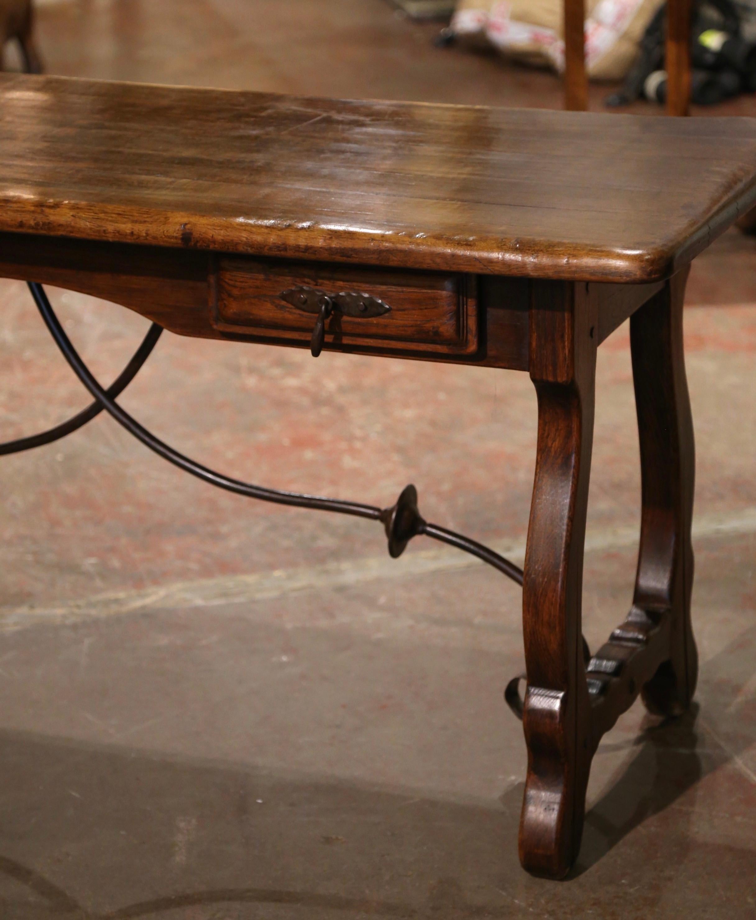 Early 20th Century Spanish Carved Oak Writing Table Desk with Iron Stretcher 2