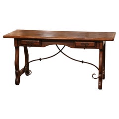 Early 20th Century Spanish Carved Oak Writing Table Desk with Iron Stretcher