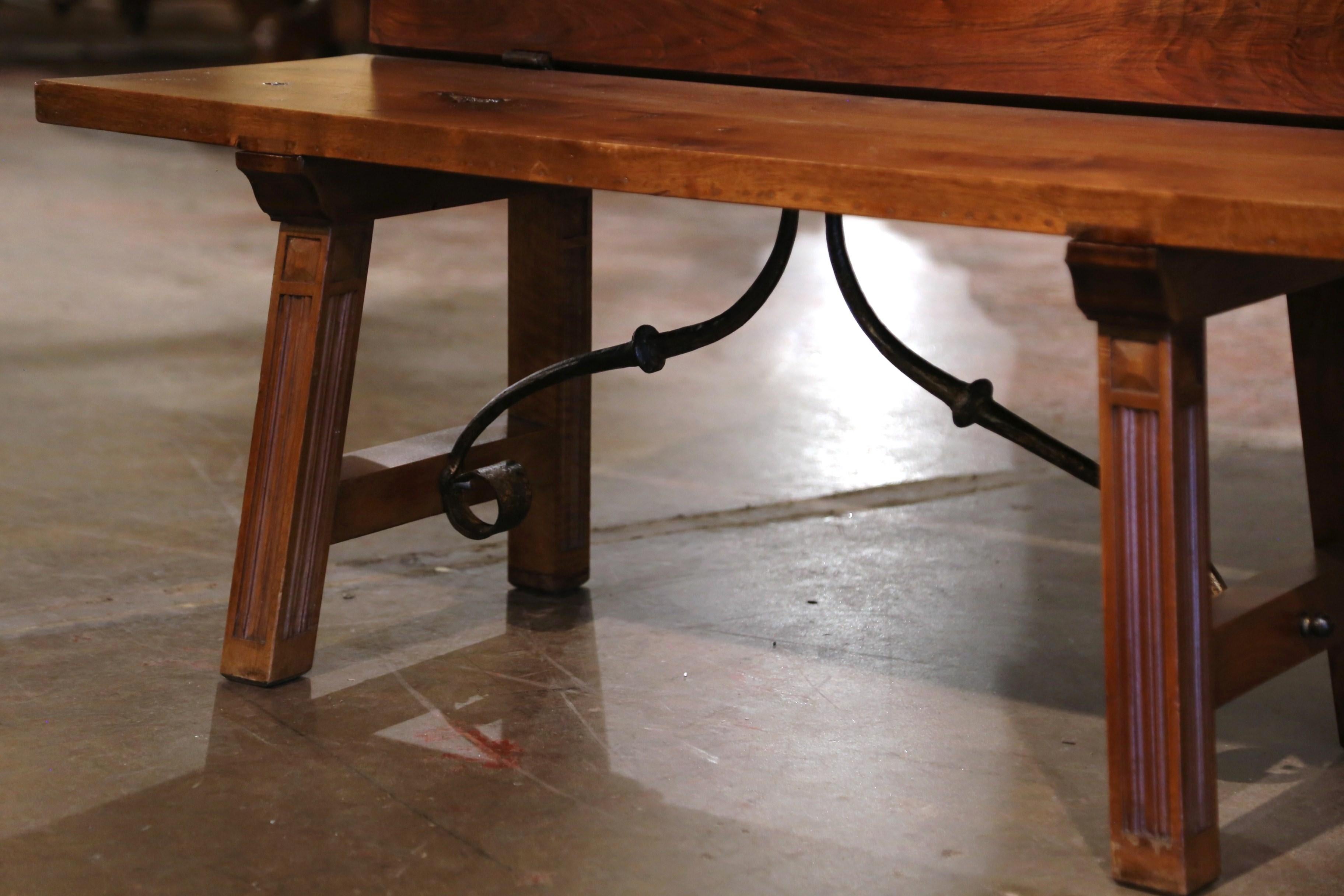 Early 20th Century Spanish Carved Walnut and Wrought Iron Folding Back Bench 1