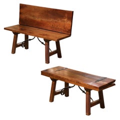 Early 20th Century Spanish Carved Walnut and Wrought Iron Folding Back Bench