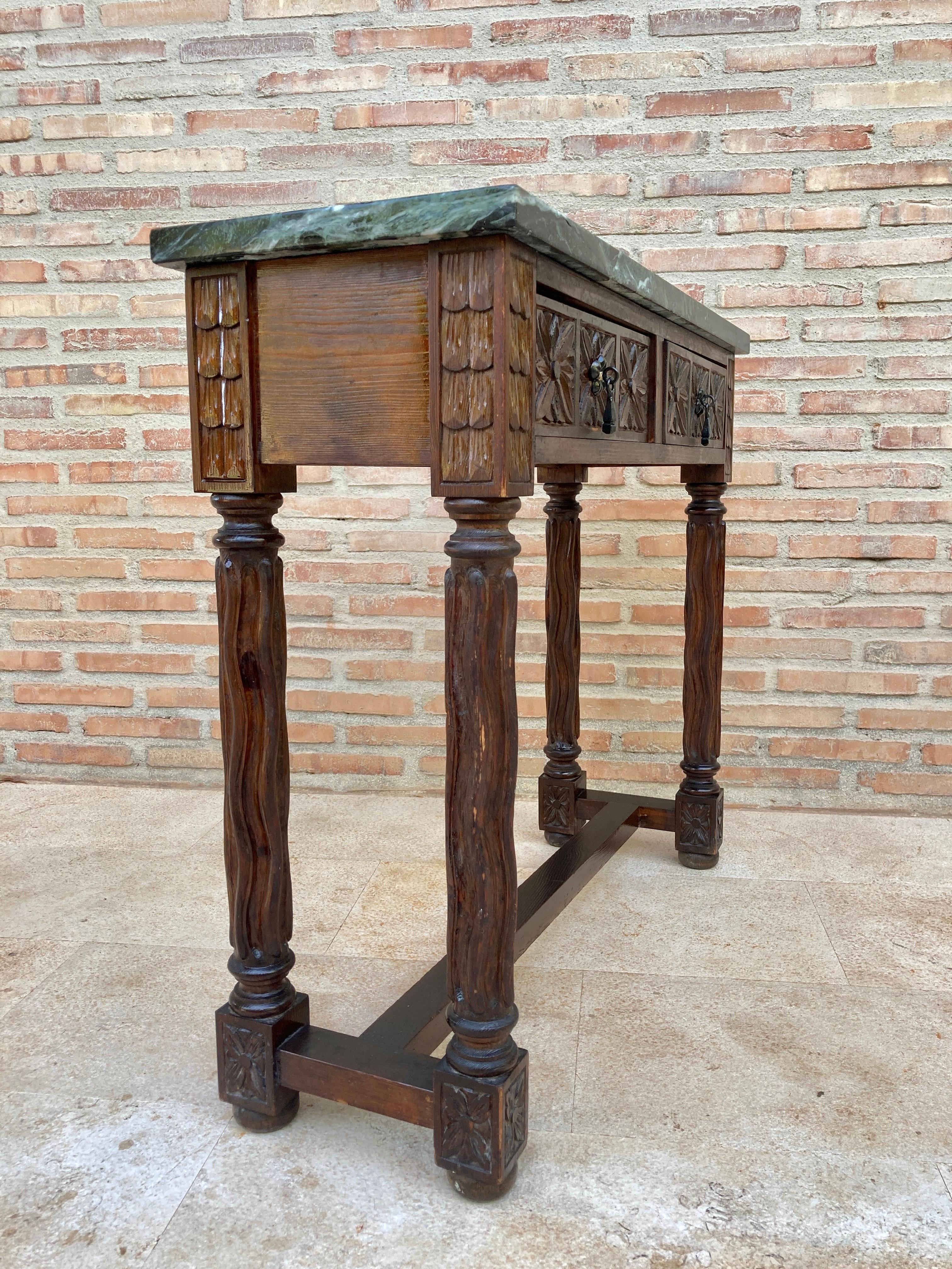 Marble Early 20th Century Spanish Carved Walnut Console Table For Sale