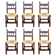 Early 20th Century Spanish Carved Walnut Dining Chairs, Set of 6