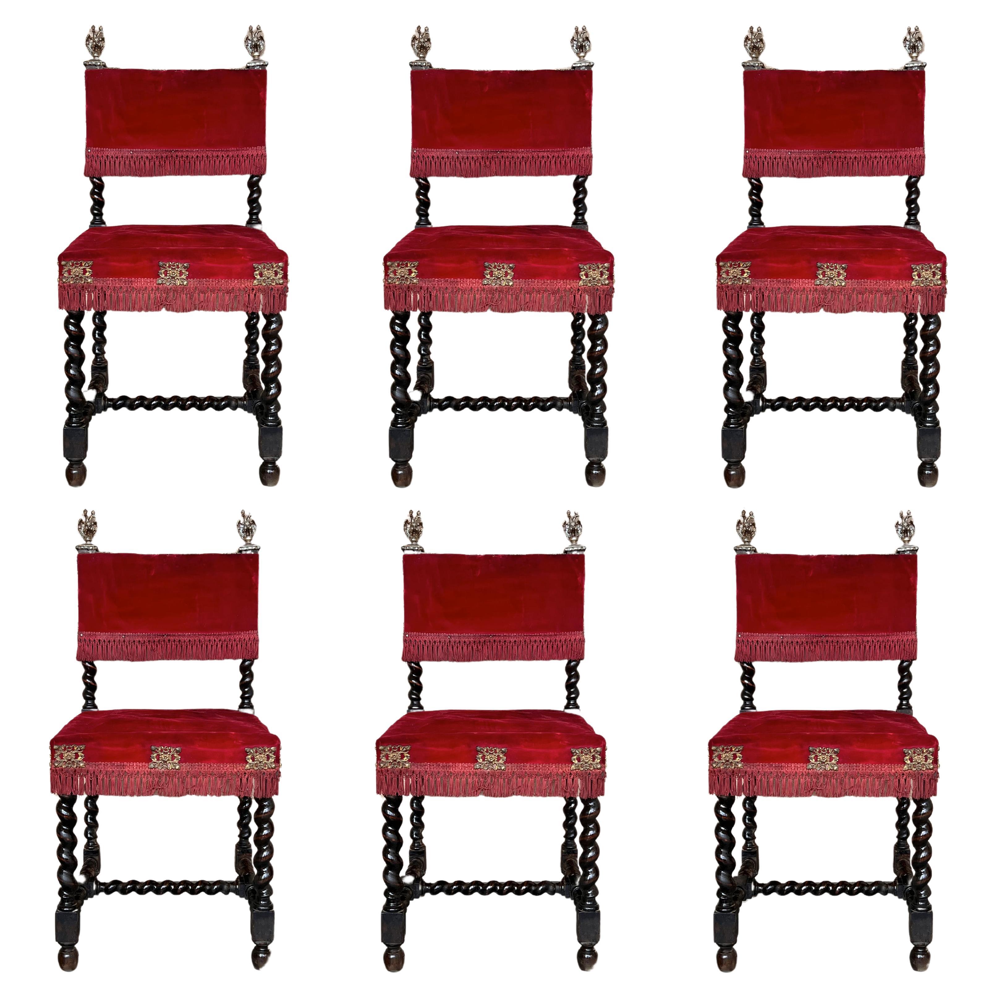 Early 20th Century Spanish Carved Walnut Dining Chairs, Set of 6