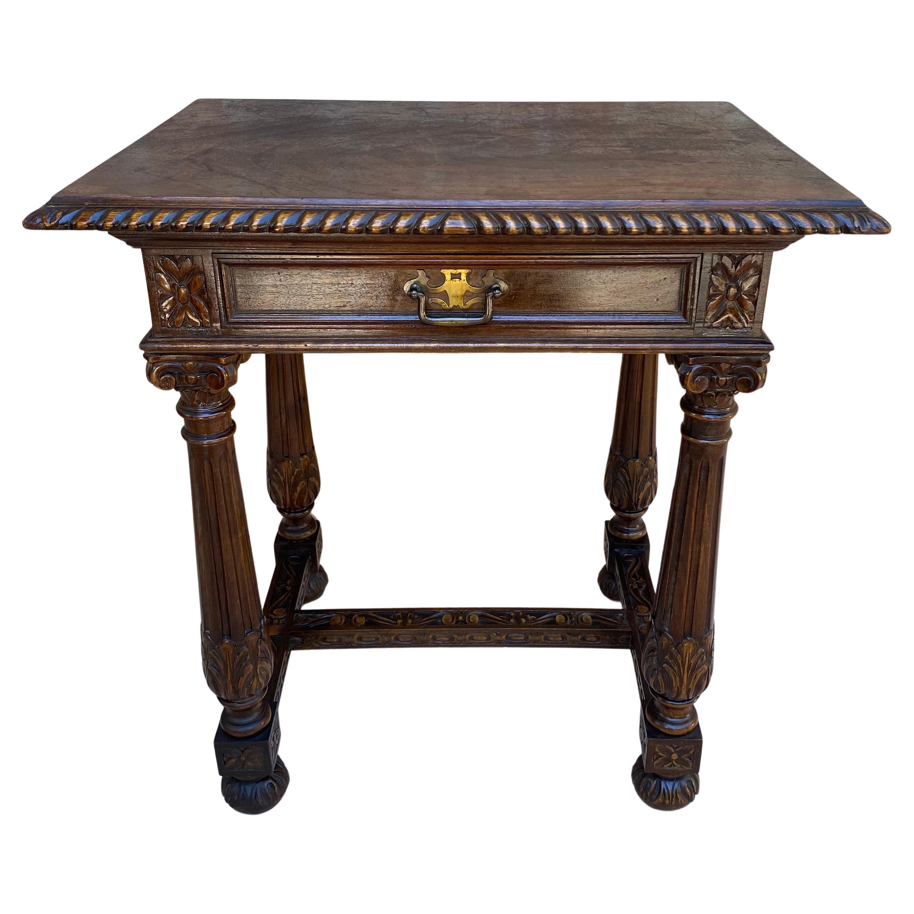 Early 20th Century Spanish Carved Walnut Side Table with One Drawer, 1940s For Sale