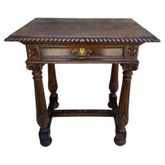 Retro Early 20th Century Spanish Carved Walnut Side Table with One Drawer, 1940s