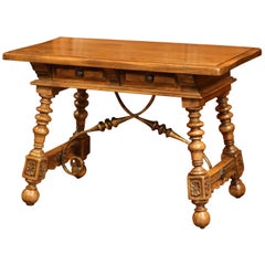 Early 20th Century Spanish Carved Walnut Writing Table Desk with Drawers