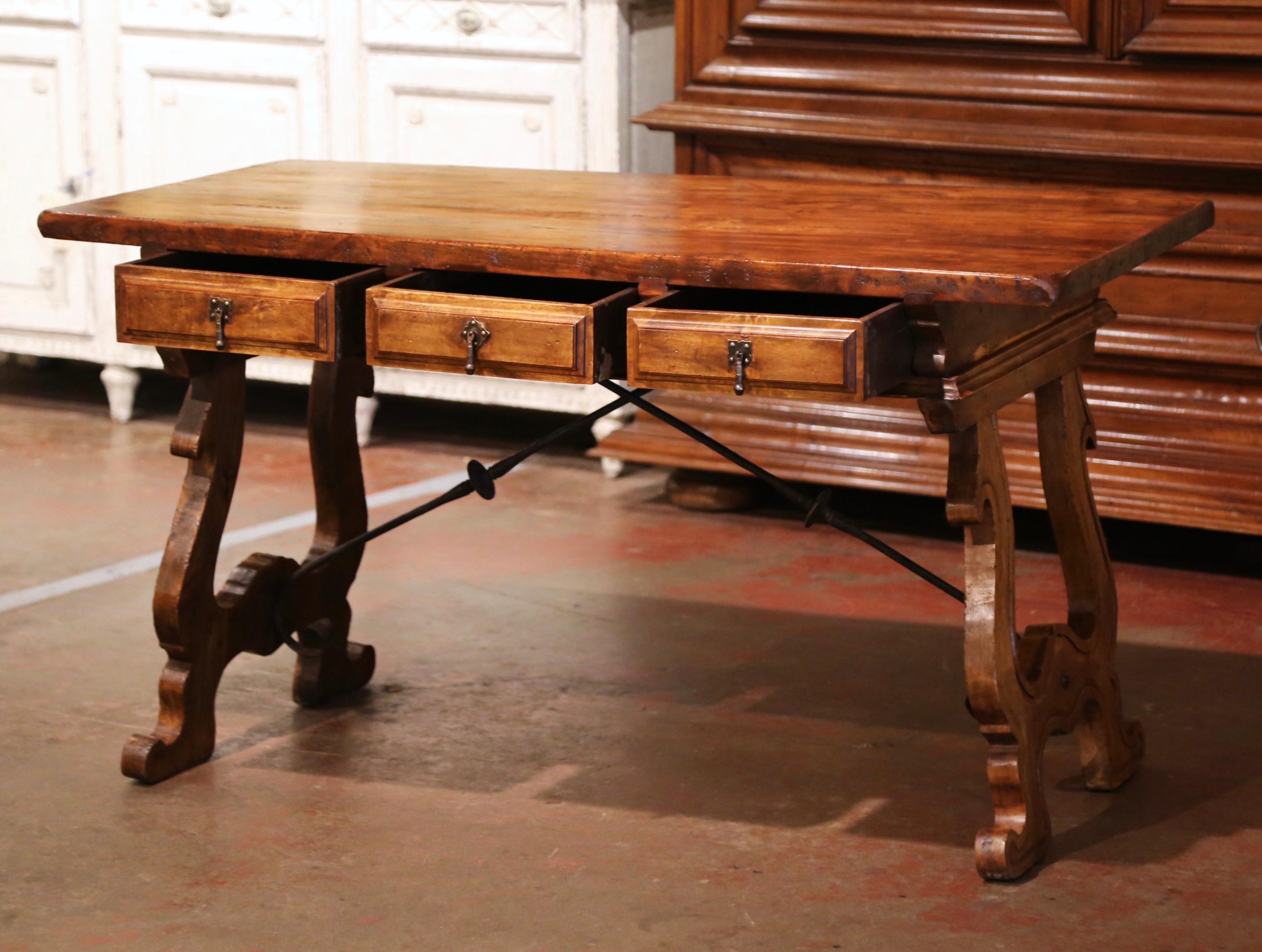 Early 20th Century Spanish Carved Walnut Writing Table Desk with Iron Stretcher 4