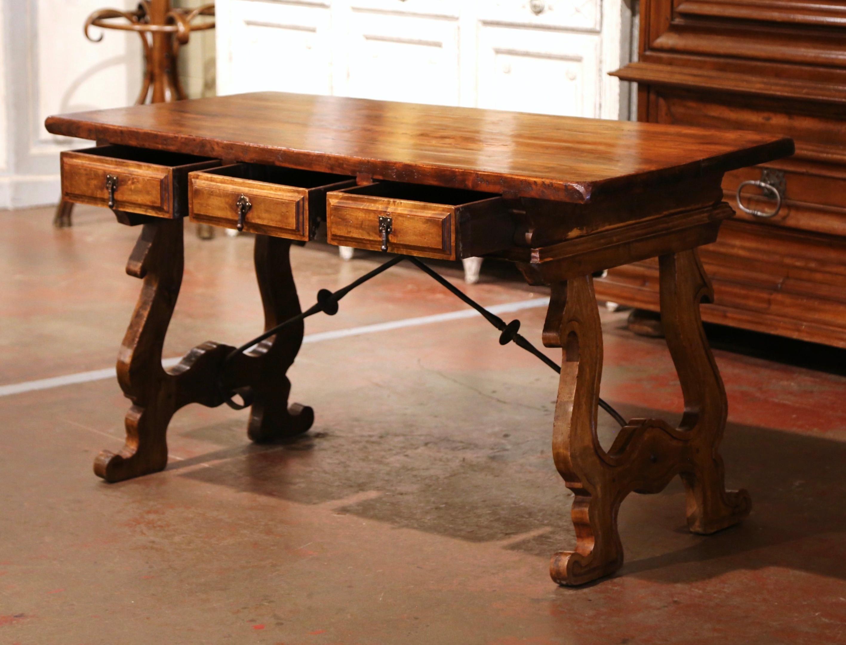 Early 20th Century Spanish Carved Walnut Writing Table Desk with Iron Stretcher 5