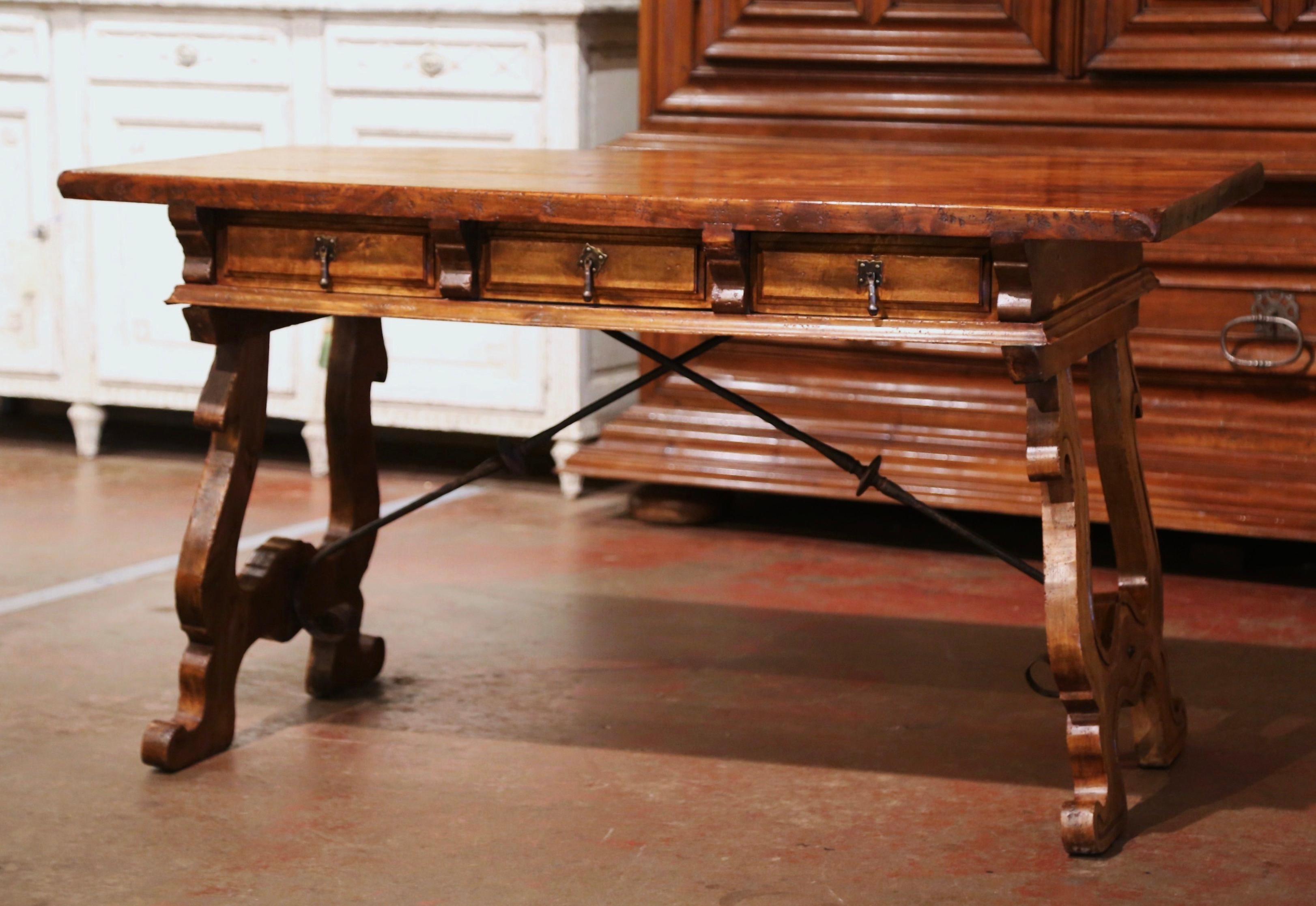Louis XIII Early 20th Century Spanish Carved Walnut Writing Table Desk with Iron Stretcher
