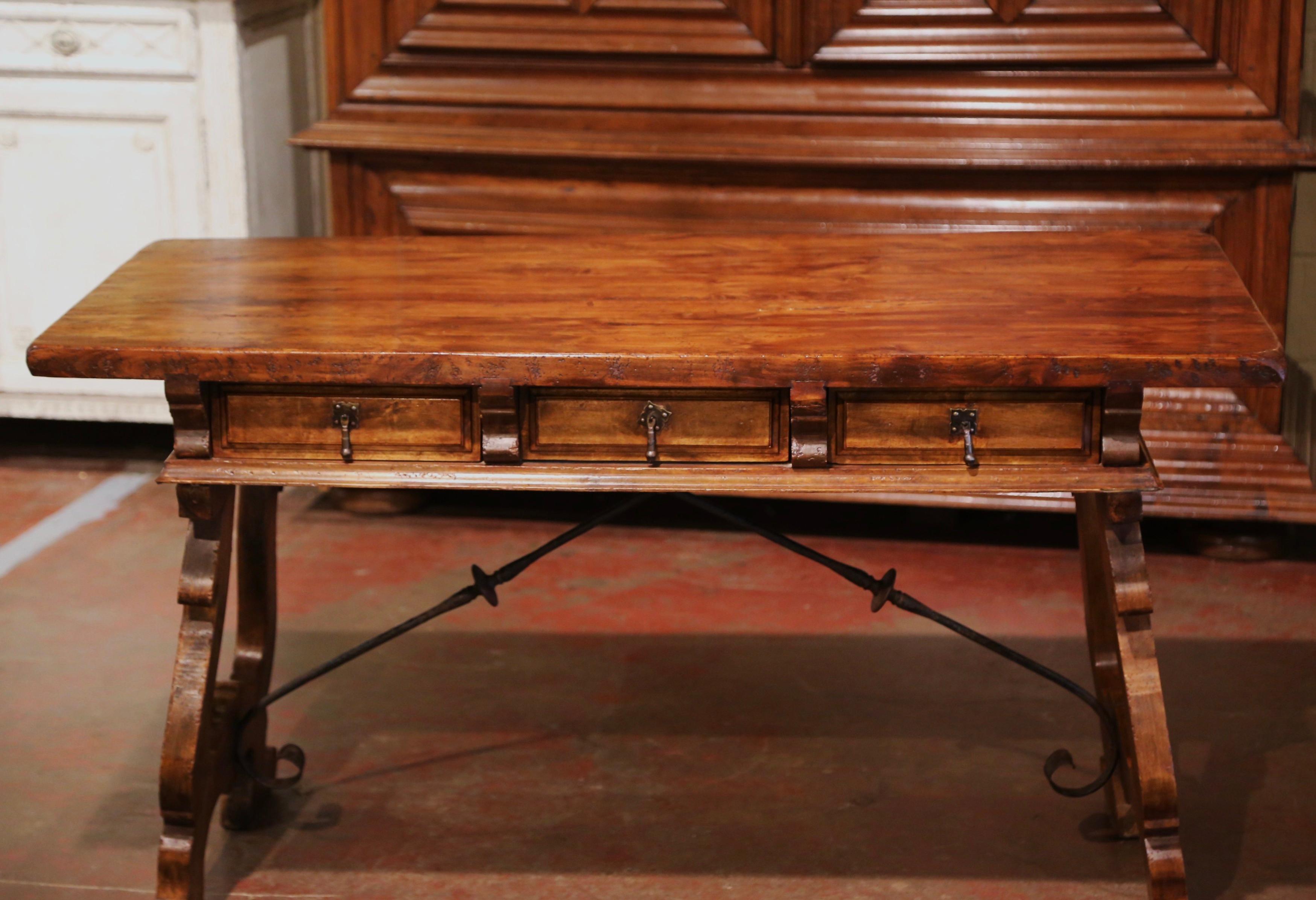 Wrought Iron Early 20th Century Spanish Carved Walnut Writing Table Desk with Iron Stretcher