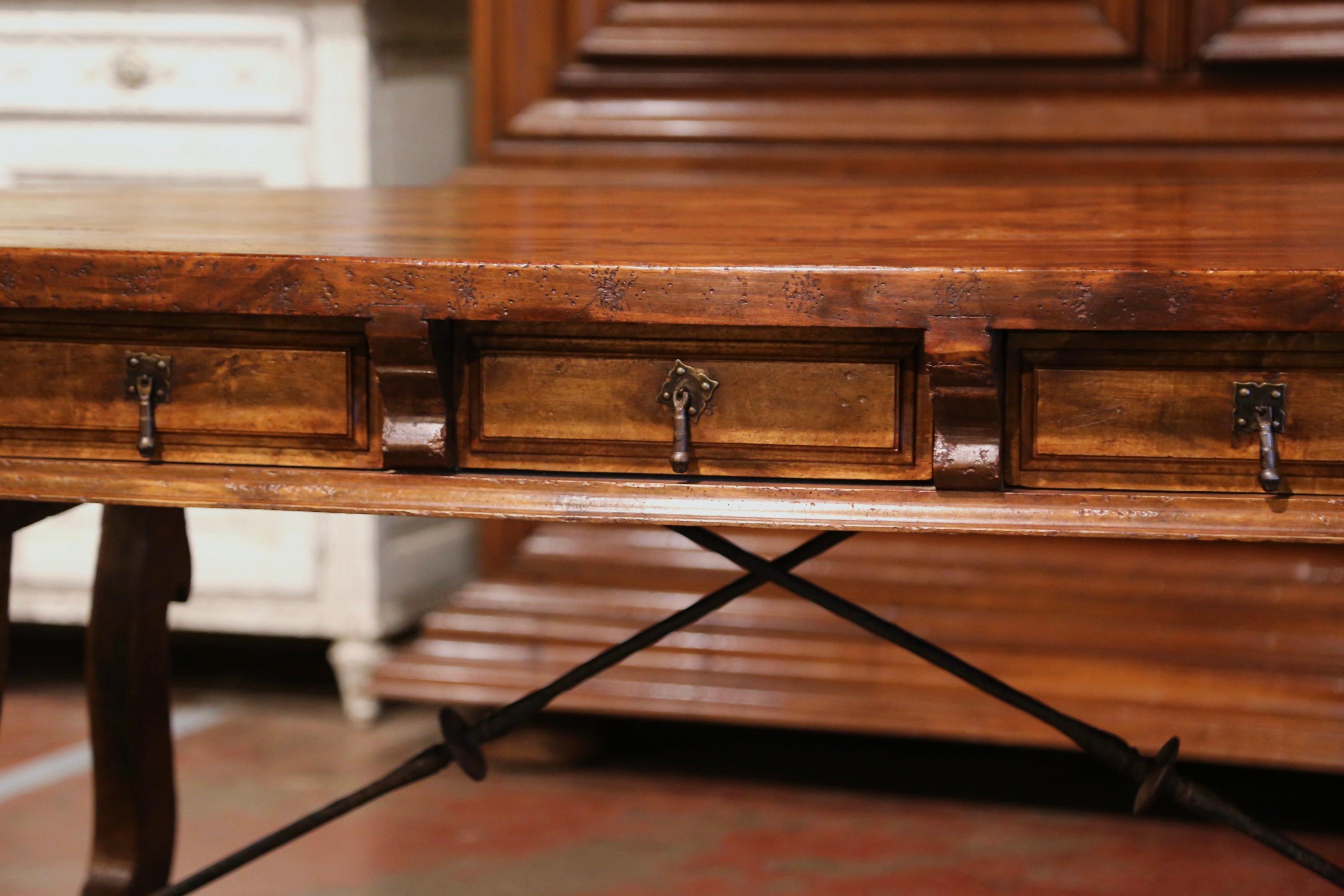 Early 20th Century Spanish Carved Walnut Writing Table Desk with Iron Stretcher 1