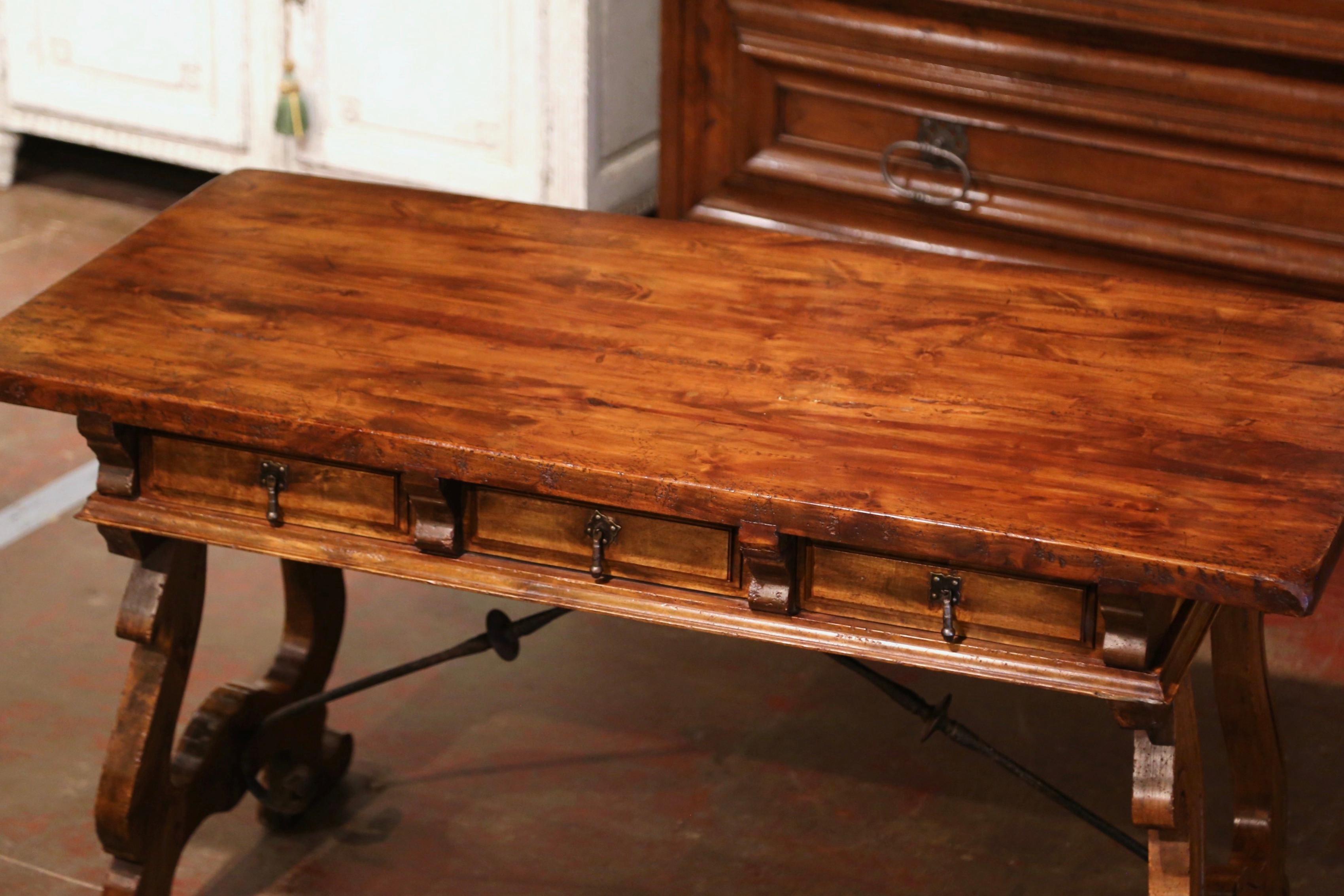 Early 20th Century Spanish Carved Walnut Writing Table Desk with Iron Stretcher 2
