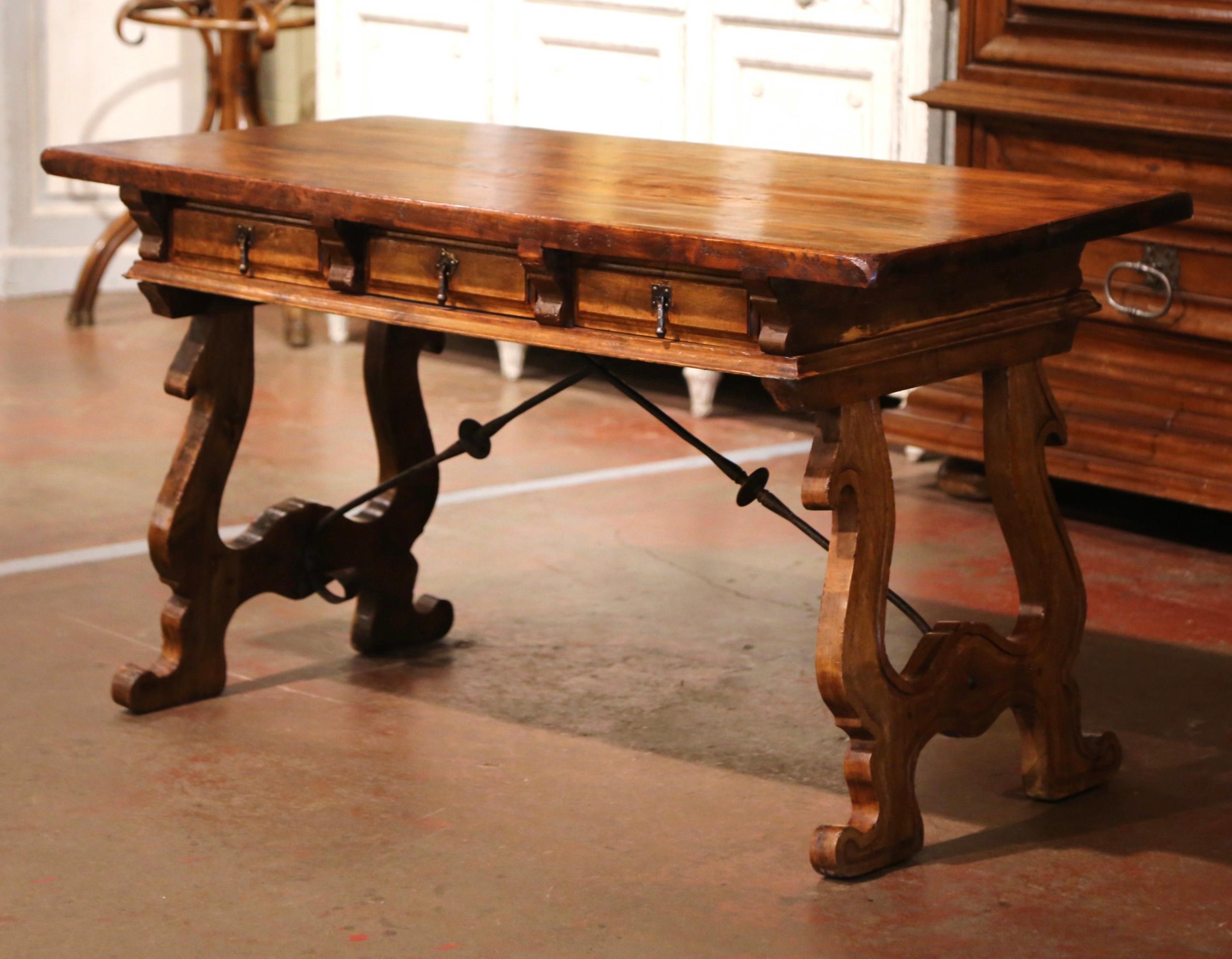Early 20th Century Spanish Carved Walnut Writing Table Desk with Iron Stretcher 3