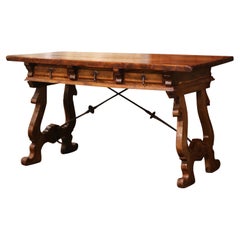 Antique Early 20th Century Spanish Carved Walnut Writing Table Desk with Iron Stretcher