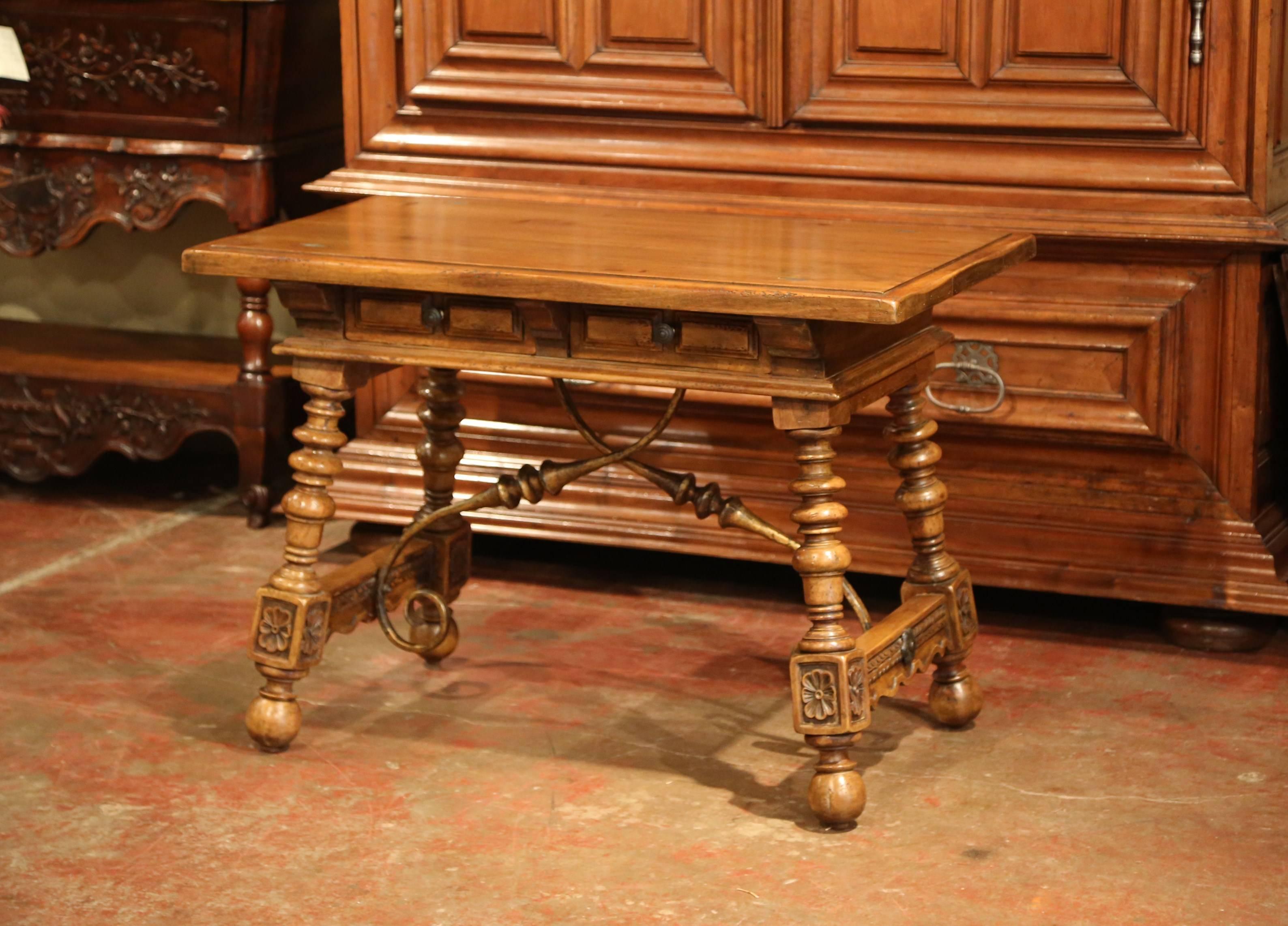 Louis XIII Early 20th Century Spanish Carved Walnut Writing Table Desk with Drawers