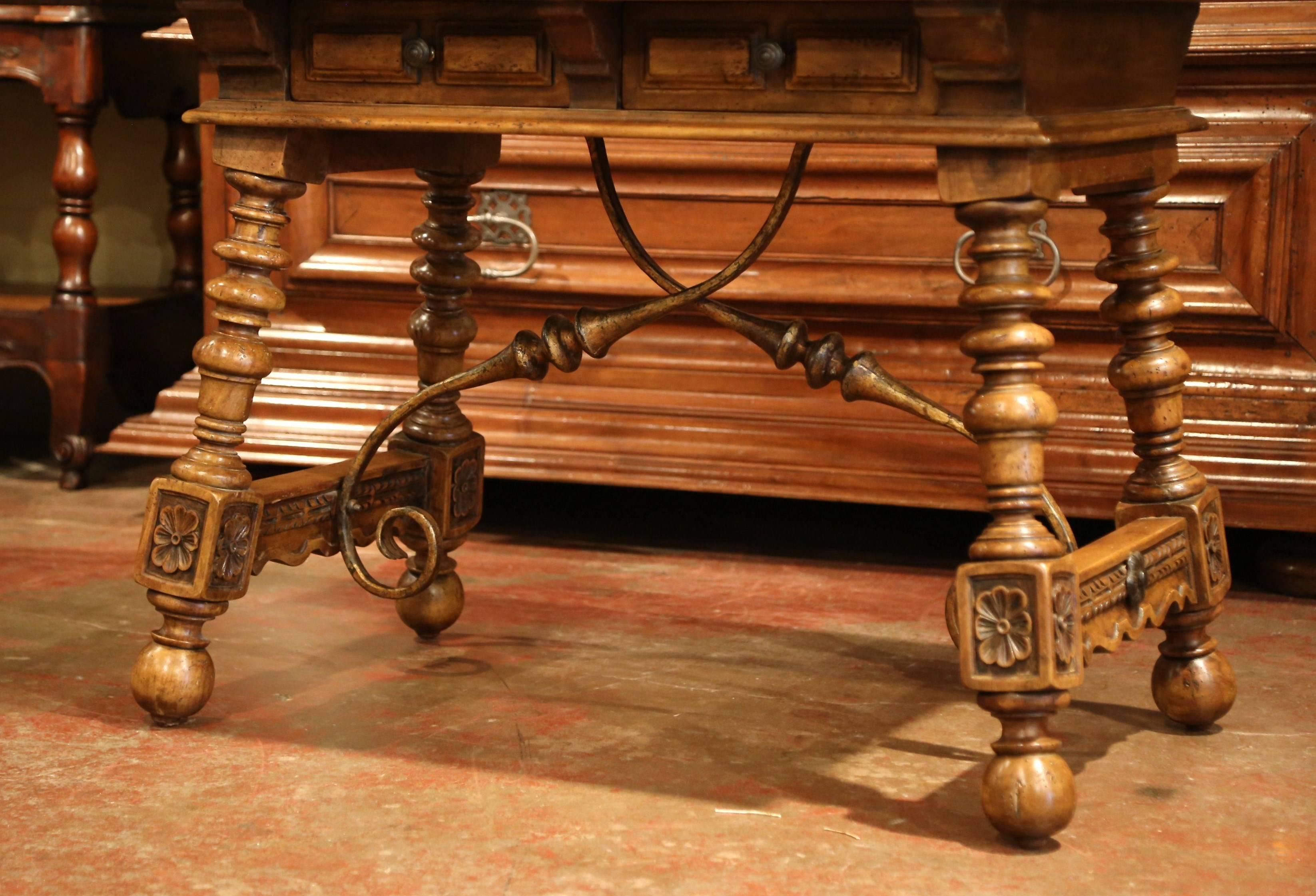 Hand-Carved Early 20th Century Spanish Carved Walnut Writing Table Desk with Drawers