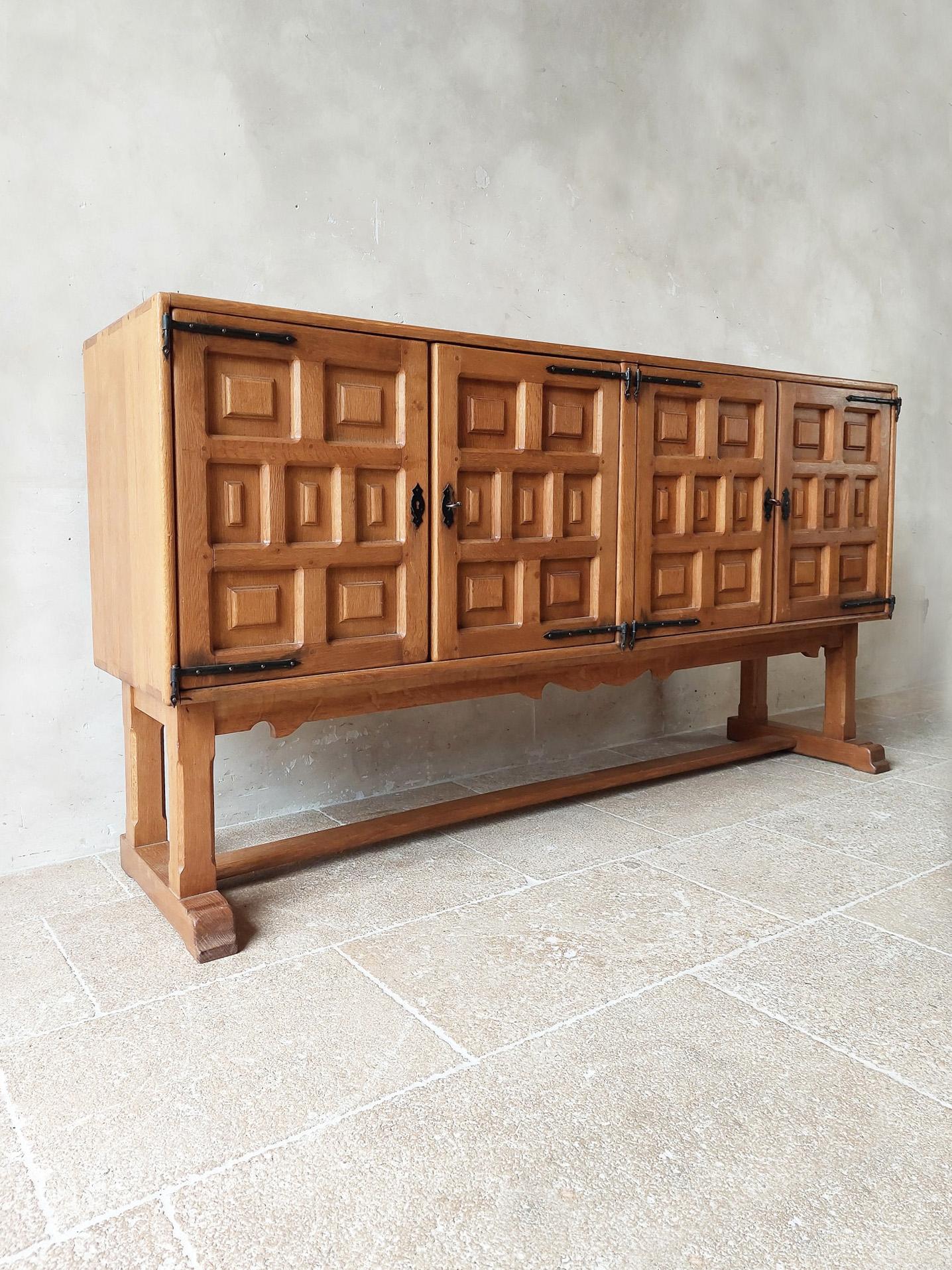 Brutalist Early 20th Century Spanish Carved Wooden Credenza