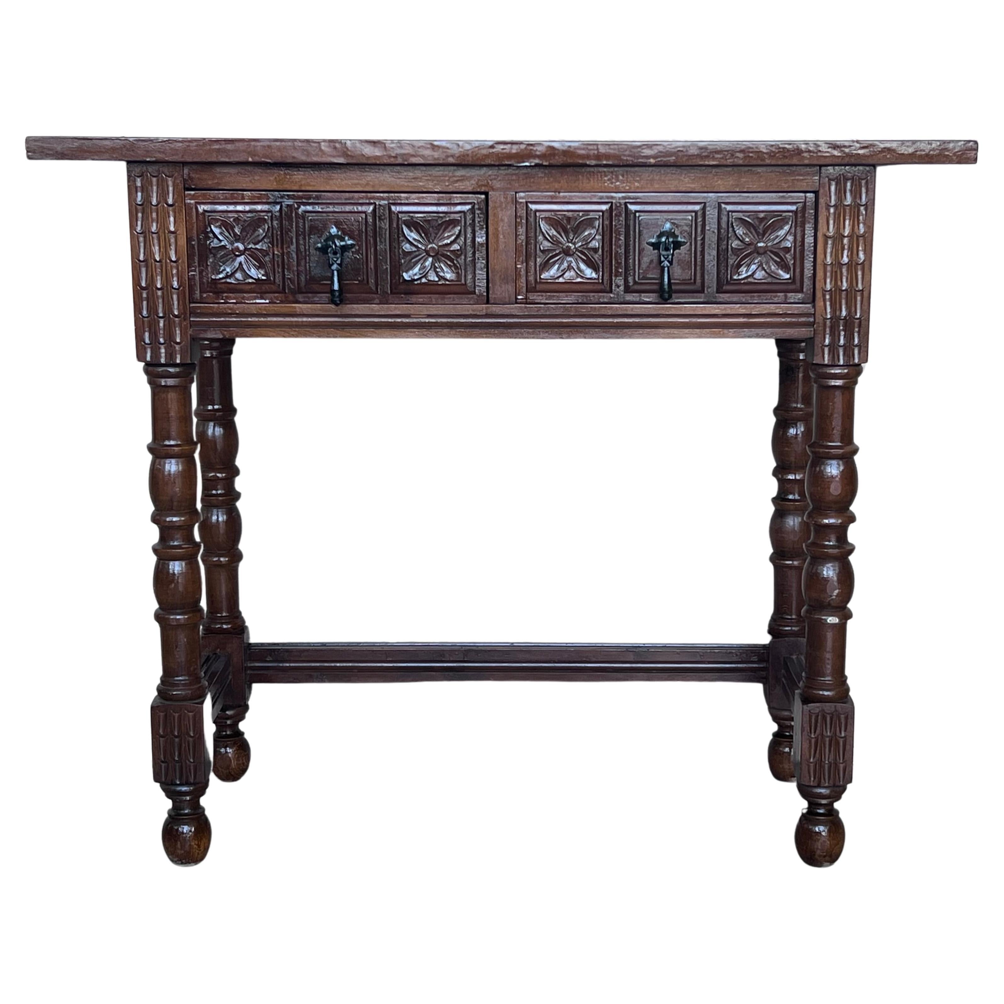 Early 20th Century Spanish Console Table with 2 Drawers and Turned Legs