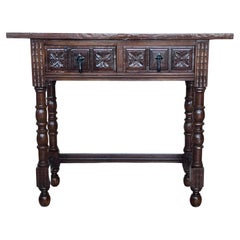 Early 20th Century Spanish Console Table with 2 Drawers and Turned Legs