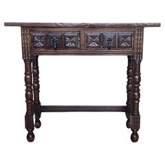 Antique Early 20th Century Spanish Console Table with 2 Drawers and Turned Legs