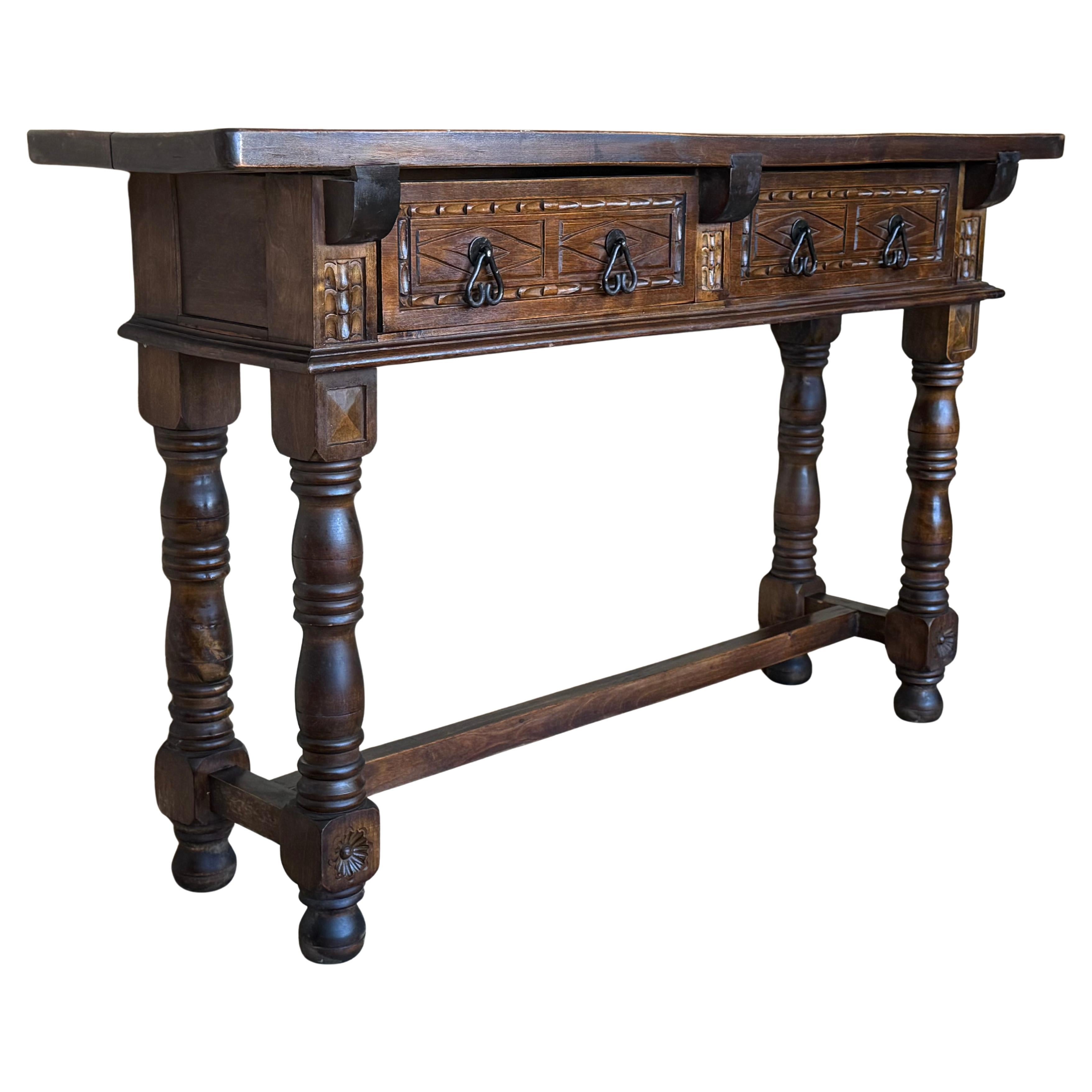 Early 20th Century Spanish Console Table with 2 Drawers and Turned Legs
