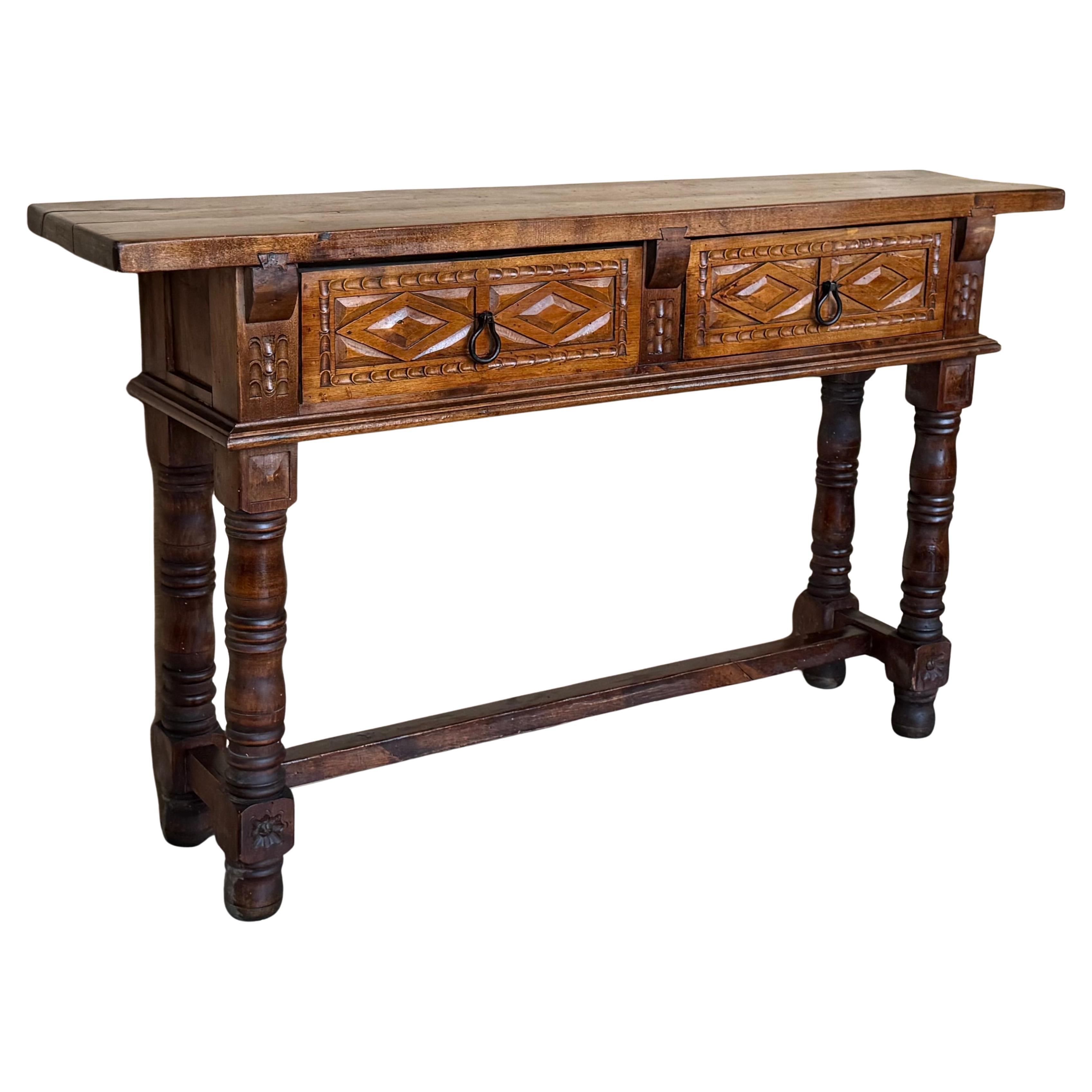 Early 20th Century Spanish Console Table with 2 Drawers and Turned Legs