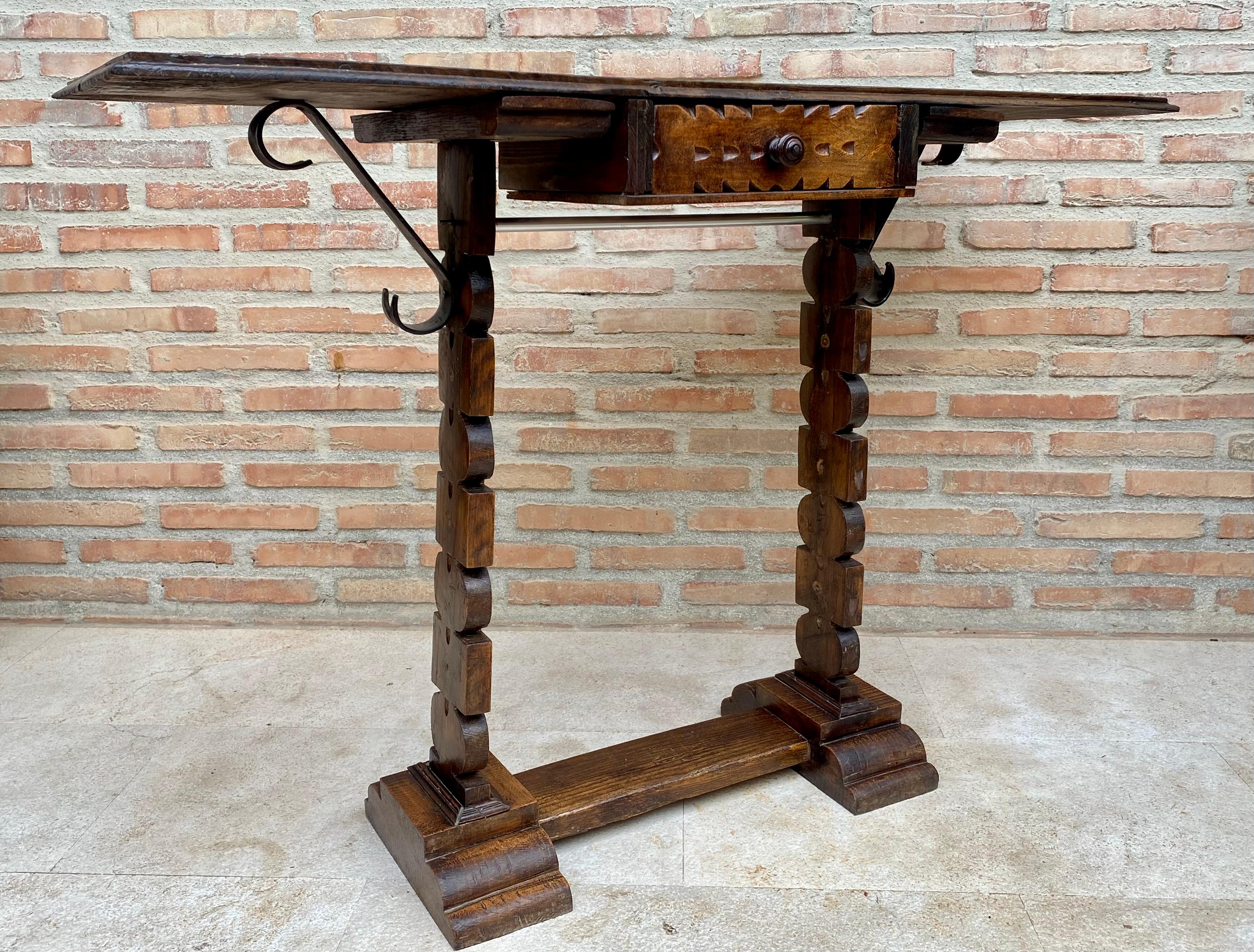 Walnut Early 20th Century Spanish Console Table with One Drawer, 1940s For Sale
