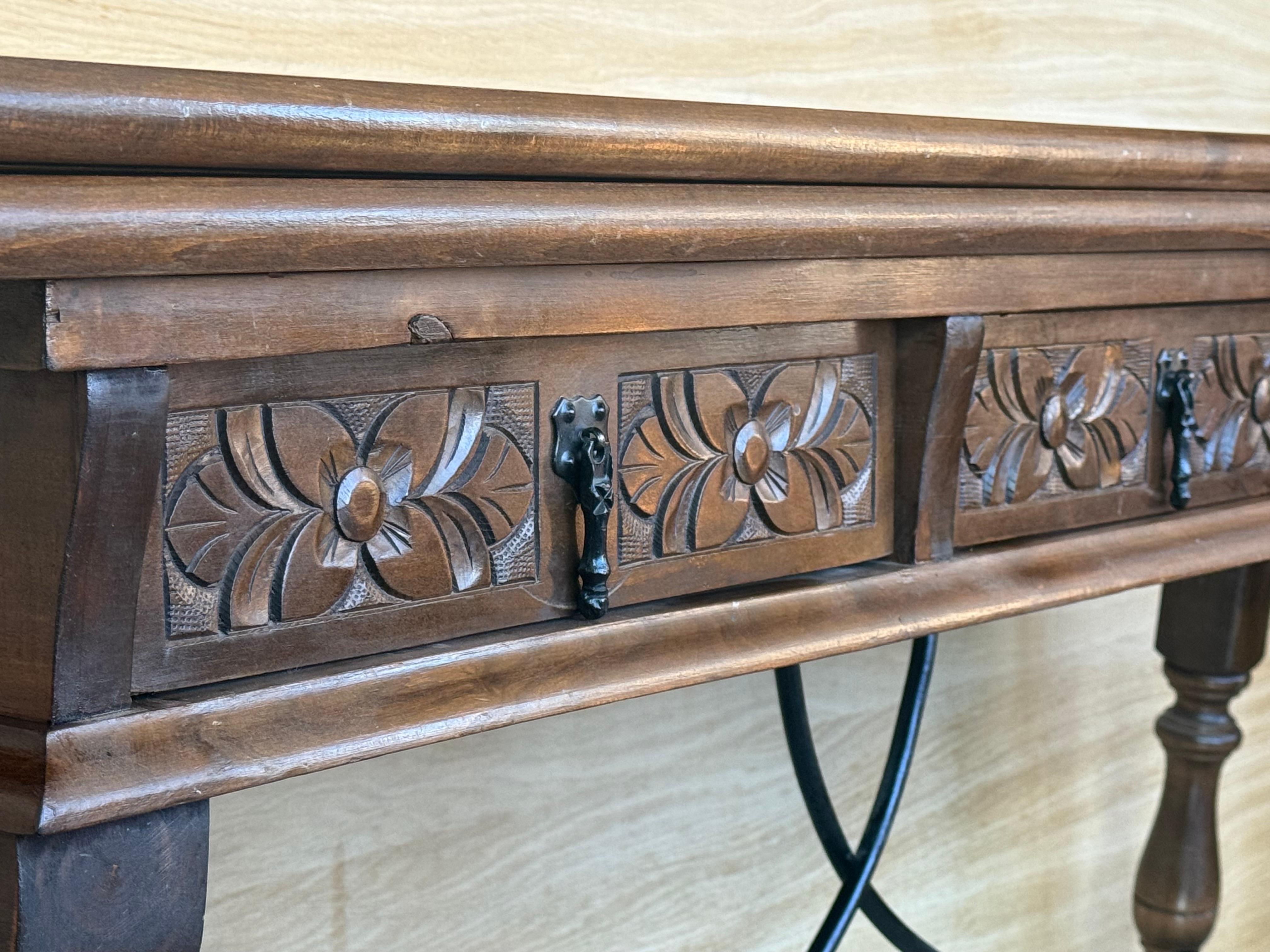 Early 20th Century Spanish Fold Out Console Table with Iron Stretcher & 3 Drawer For Sale 6