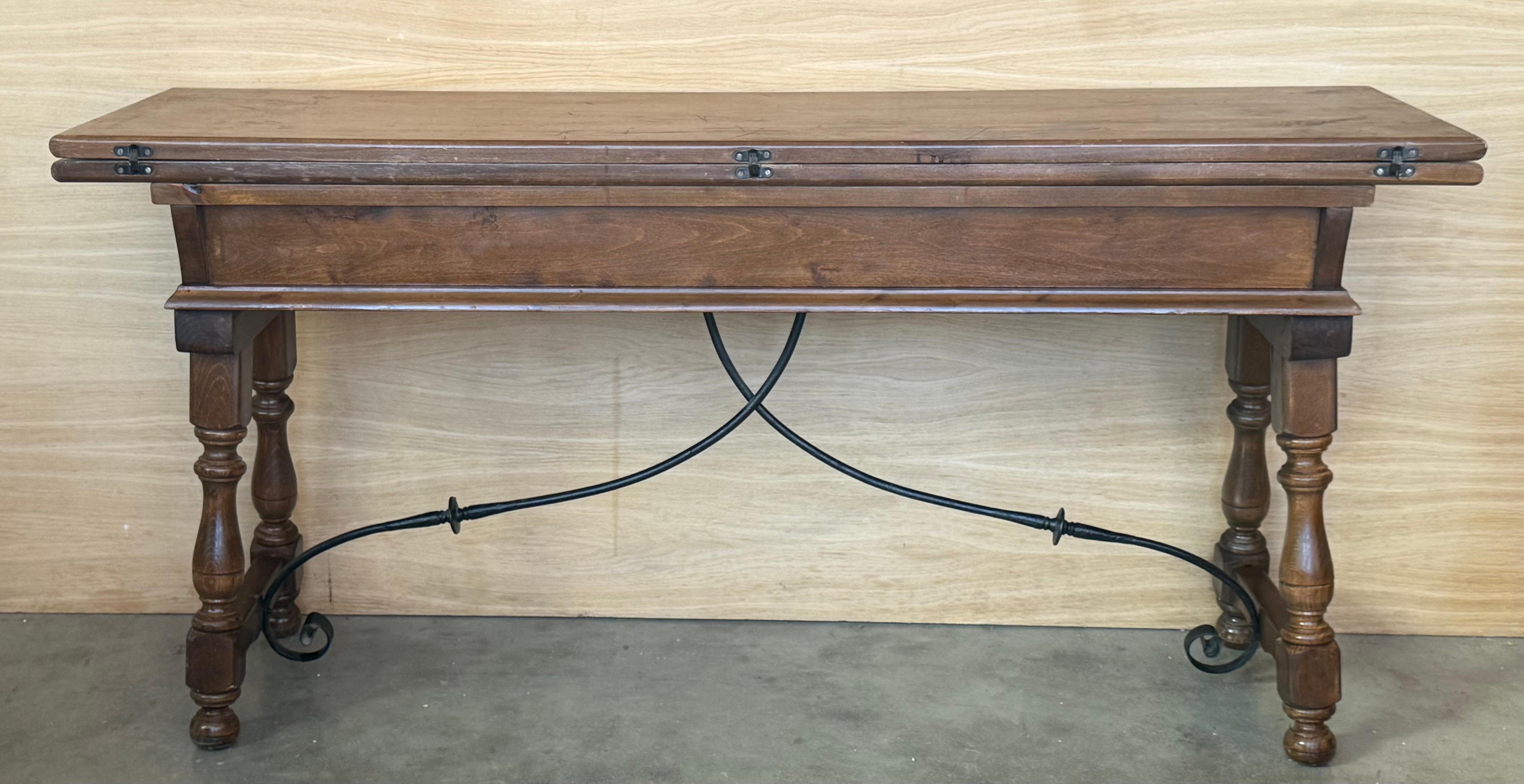 Early 20th Century Spanish Fold Out Console Table with Iron Stretcher & 3 Drawer For Sale 8