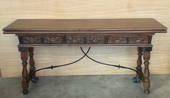 Early 20th Century Spanish Fold Out Console Table with Iron Stretcher & 3 Drawer