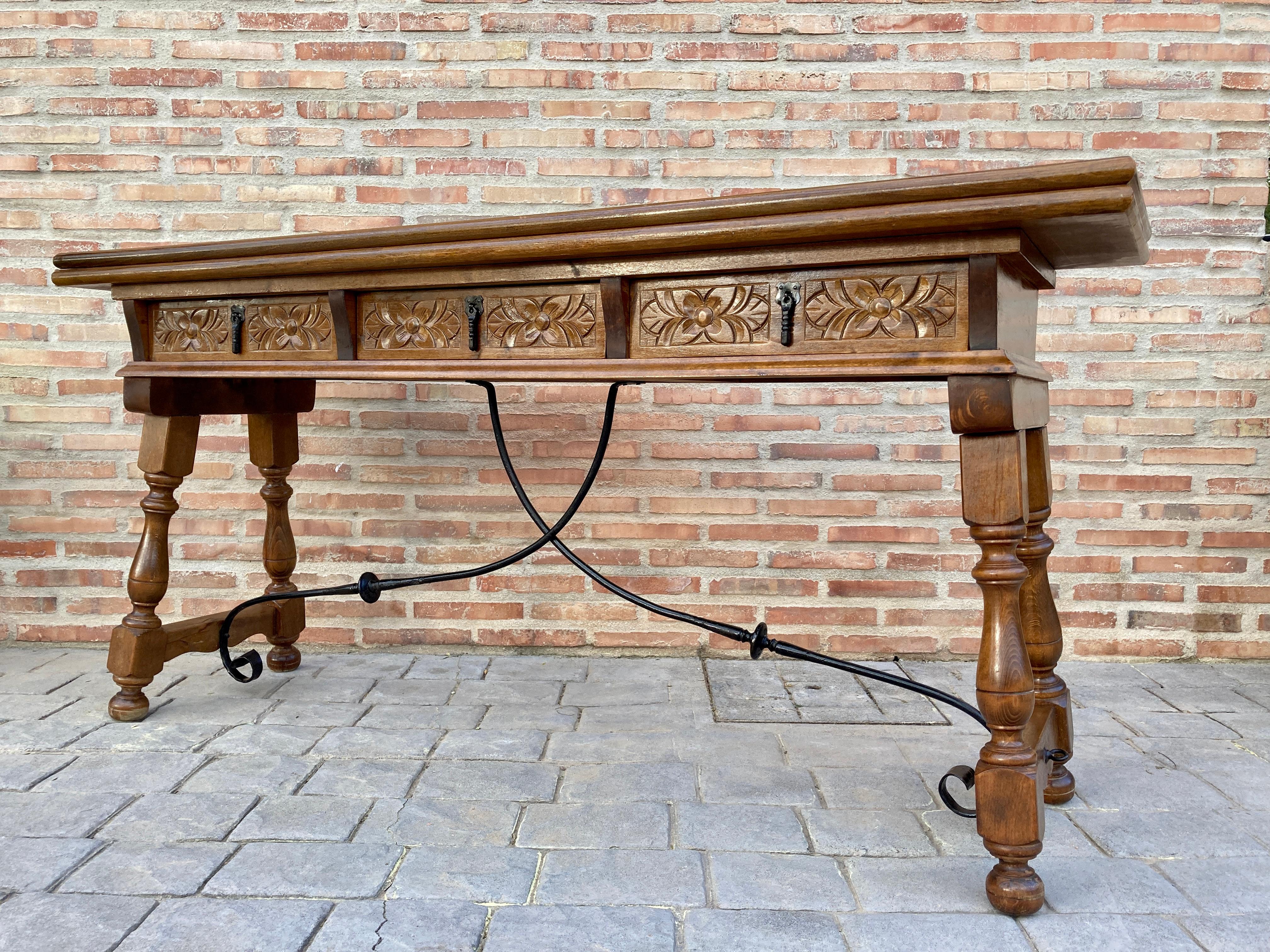Baroque Early 20th Century Spanish Fold Out Console Table with Iron Stretcher & 3 Drawer