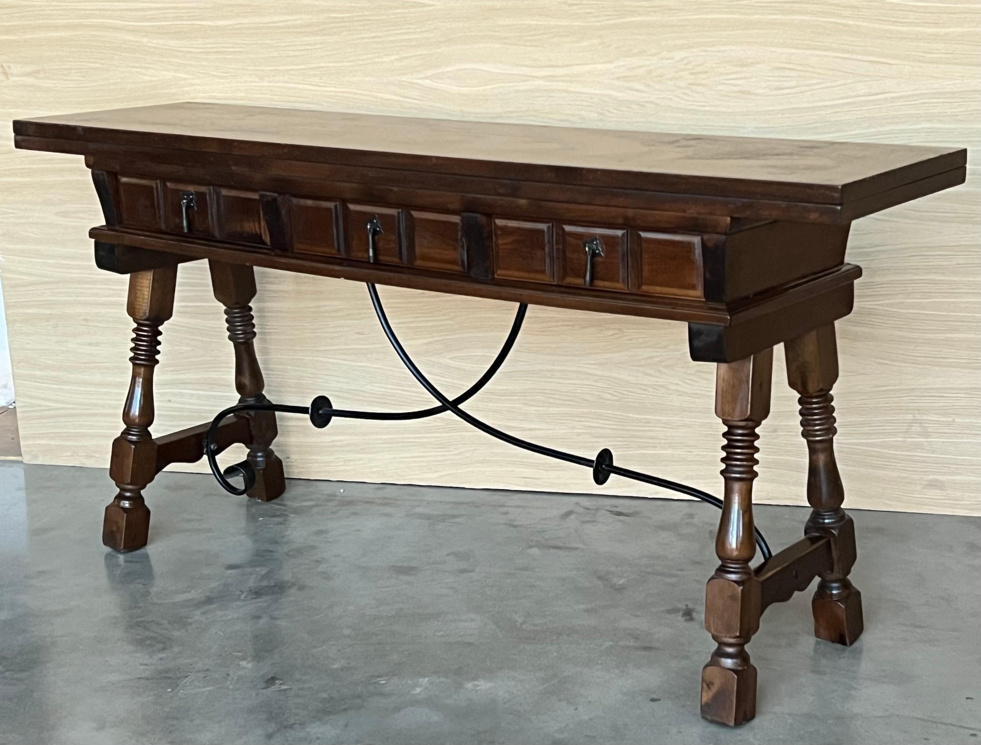 Baroque Early 20th Century Spanish Fold Out Console Table with Iron Stretcher & 3 Drawer For Sale