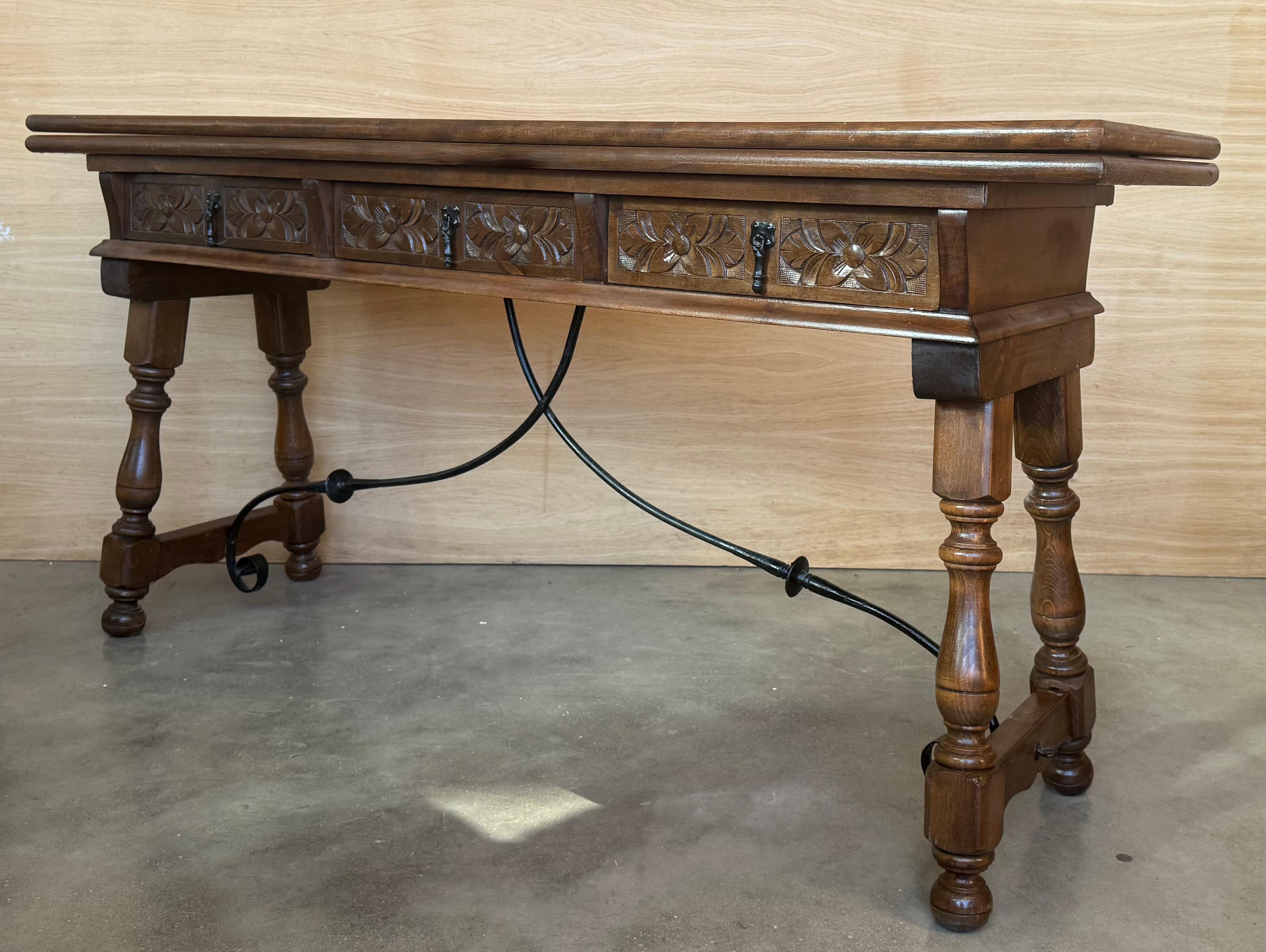 Baroque Early 20th Century Spanish Fold Out Console Table with Iron Stretcher & 3 Drawer For Sale